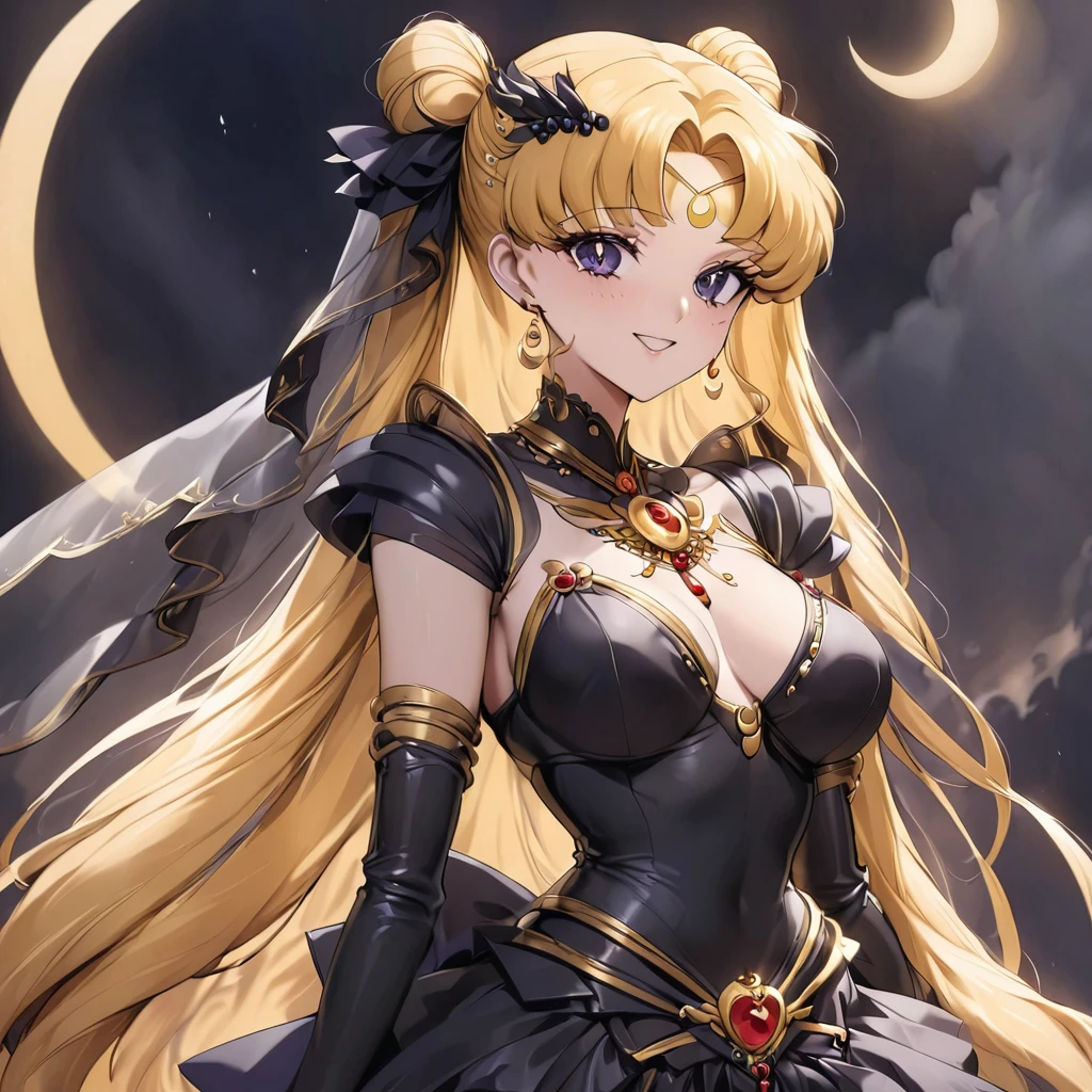 ((Highest quality)), ((masterpiece)), (detailed), (Perfect Face)、Black moon mark on forehead、The woman is Black Serenity, the noble dark queen of the Black Moon clan and has blonde hair.2The woman with long hair tied up is Princess Serenity、The woman has a black inverted crescent moon mark on her forehead, a gorgeous and glittering black gothic Victorian dress, a black veil and a black see-through cape, and is wearing luxurious jeweled accessories. She is the Queen of Darkness, the jet-black Princess Serenity, looking at the camera with a happy expression, and has the expression of a maiden in love.