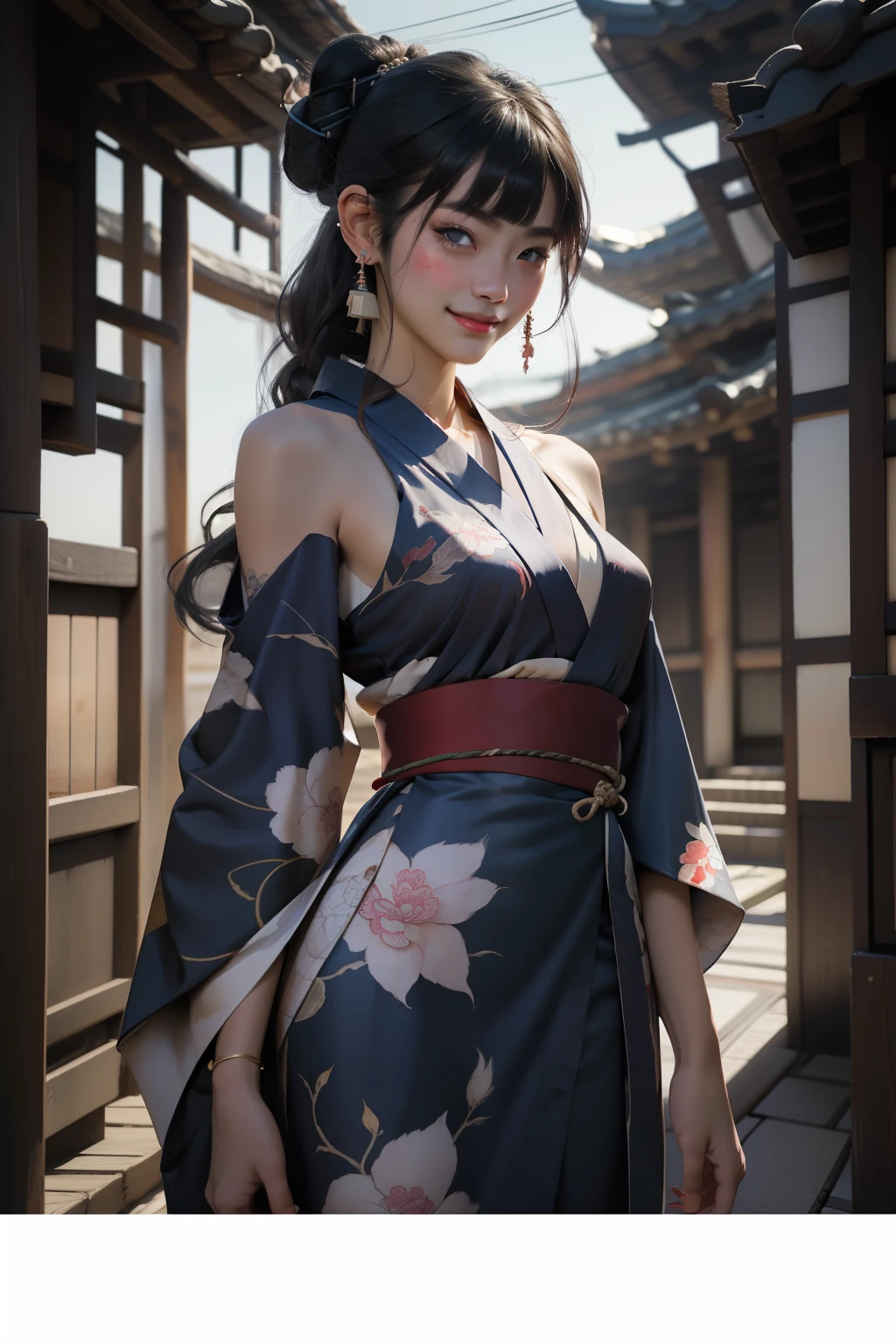 1 beautiful and seductive female devil, In the Dark: 1.6), surreal female portrait by David Hockney and Alphonse Mucha, fantasy art, korea doll, Photorealism, dynamic lighting, artstation, posters, volumetric lighting, very detailed faces, 32k ultra, all body, Awarded, in the dark, deep shadow, low key, cowboy lens, (japanese kimono dress: 1.4), long hair, brown colored hair, bust, luxurious palace, Royal style, devil crown, The most beautiful face, small breasts, Super realistic, japanese women's clothing thin yukata, Guweiz, devil style, loong, forehead mark, upper body, 2 bangs braided hair,Devil tattoo on shoulder,Slim figure,Leaner figure,Slim legs and hips,Awesome expression,Behind the smile lies a heart full of terrible, cruel emotions.,Hairstyles that go well with Japanese kimonos,Pull the hair up behind the ears and leave some loose hair.,The uniform color is the traditional indigo blue.,Exposing the shoulders and exuding a seductive feminine charm,Tie your hair up,Kimono with indigo or deep ultramarine coloring,Small, inconspicuous tattoos,Beautiful and clean images,