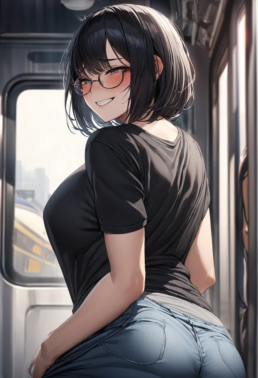 hyperrealistic anime,adult curvy female,at train,black hair,black t-shirt,jersey pants,short straight hair,glasses,unkempt hair,modest and sober female ,from behind and side,(pov grabbing woman's pants:1),molested,groped,female blushed and grinning,