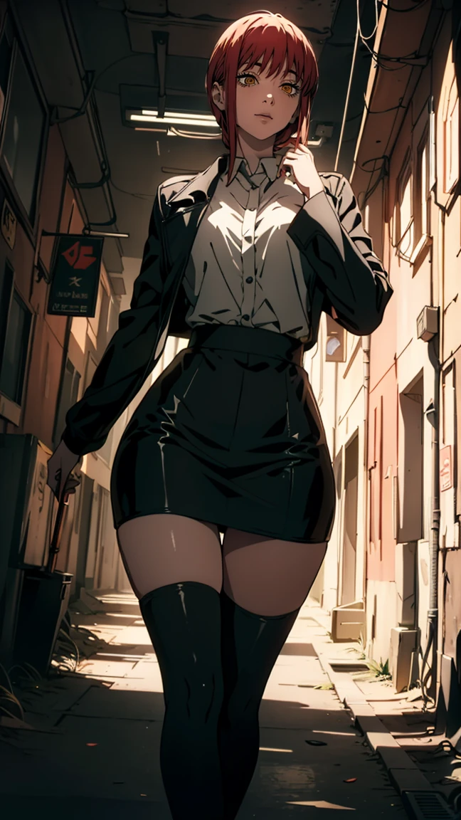 The character Makima from the anime series Chainsaw Man, fragile, full length (Full body 1.1.), dark background, darkness, Correct anatomy 1.1, holds his hands behind his back, correct hand anatomyVery sexy, erotica, very feminine, beautiful figure, legs, buttocks, Beautiful body, red hair, orange eyes, Red circles for ren, summer dress, sexy pose, realistic, very detailed, Beautiful body, detailed body, detailed hands, detailed, Vibrating, detailed Face, Makima character design. very detailed, detailed body, detailed hands, detailed Face, anime art, Hugh Details, Very downcast face, detailed eyes, Super thin illustration, best shadow, Fine detail, beautiful detailed glow, beautiful detailed, Extraordinarily beautiful, extremely detailed, inexpressive, epic composition, Anime style. anime art anime art, Anime style,