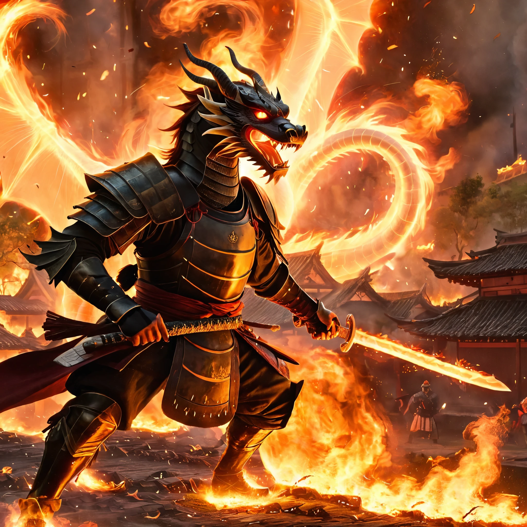 A battle scene between a samurai and a fire dragon in a burning village. The samurai is in battle-damaged armor, and the dragon breathes fire, with flames engulfing the surroundings.