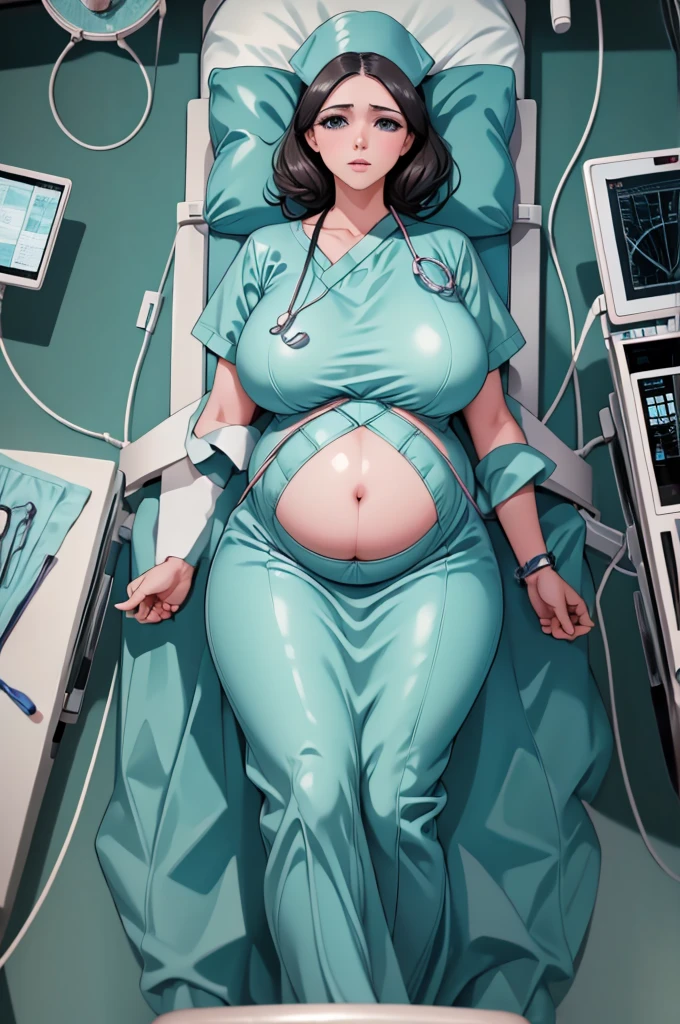 (give a score of 9_give a score of 8_give a score of 7)
masterpiece, highest quality, best quality, view from top down,
in a hospital, 1 pregnant woman, about 38 years old, 9 months pregnant, solo, wore a surgical cap, had a pained look on her face, frowned, unconscious, lying on the operating table, lying on her back, arms outstretched., Spread your arms, on the operating table, in the operating room, there was a blanket covering both of her slender legs, big breasts, cover your breasts, cover your legs, expose your stomach, Sleep with your legs wide open, do not bring your hands together on your stomach, show your belly completely, navel is visible, belly is visible. of her who is pregnant, this is a scene of a pregnant woman suffering from difficult childbirth