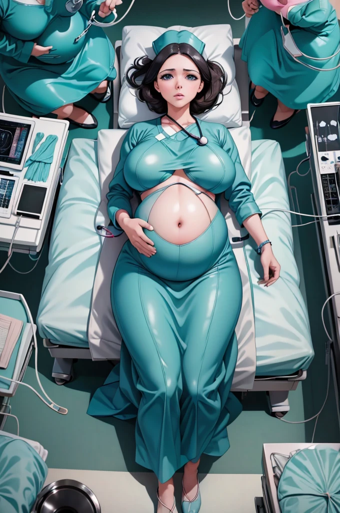 (give a score of 9_give a score of 8_give a score of 7)
masterpiece, highest quality, best quality, view from top down, 
in a hospital, 1 pregnant woman, about 38 years old, 9 months pregnant, solo, wore a surgical cap, had a pained look on her face, frowned, unconscious, lying on the operating table, lying on her back, arms outstretched., Spread your arms, on the operating table, in the operating room, there was a blanket covering both of her slender legs,  big breasts, cover your breasts, cover your legs, expose your stomach, Sleep with your legs wide open, do not bring your hands together on your stomach, show your belly completely, navel is visible, belly is visible. of her who is pregnant, this is a scene of a pregnant woman suffering from difficult childbirth