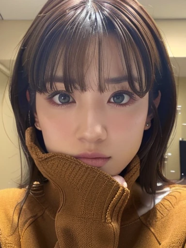 (Masseter muscle part:1.3)、(8K、Photoreal、RAW photo、highest quality: 1.4)、(1 girl)、beautiful face、(lifelike face)、(brown hair:1.5)、(medium hair)、beautiful hairstyle、（One eye is hidden by bangs：1.2）、beautiful and fine eyes、（real looking skin）、beautiful skin、（sweater）、absurd、attractive、超A high resolution、surreal、high detail、golden ratio,バストショット