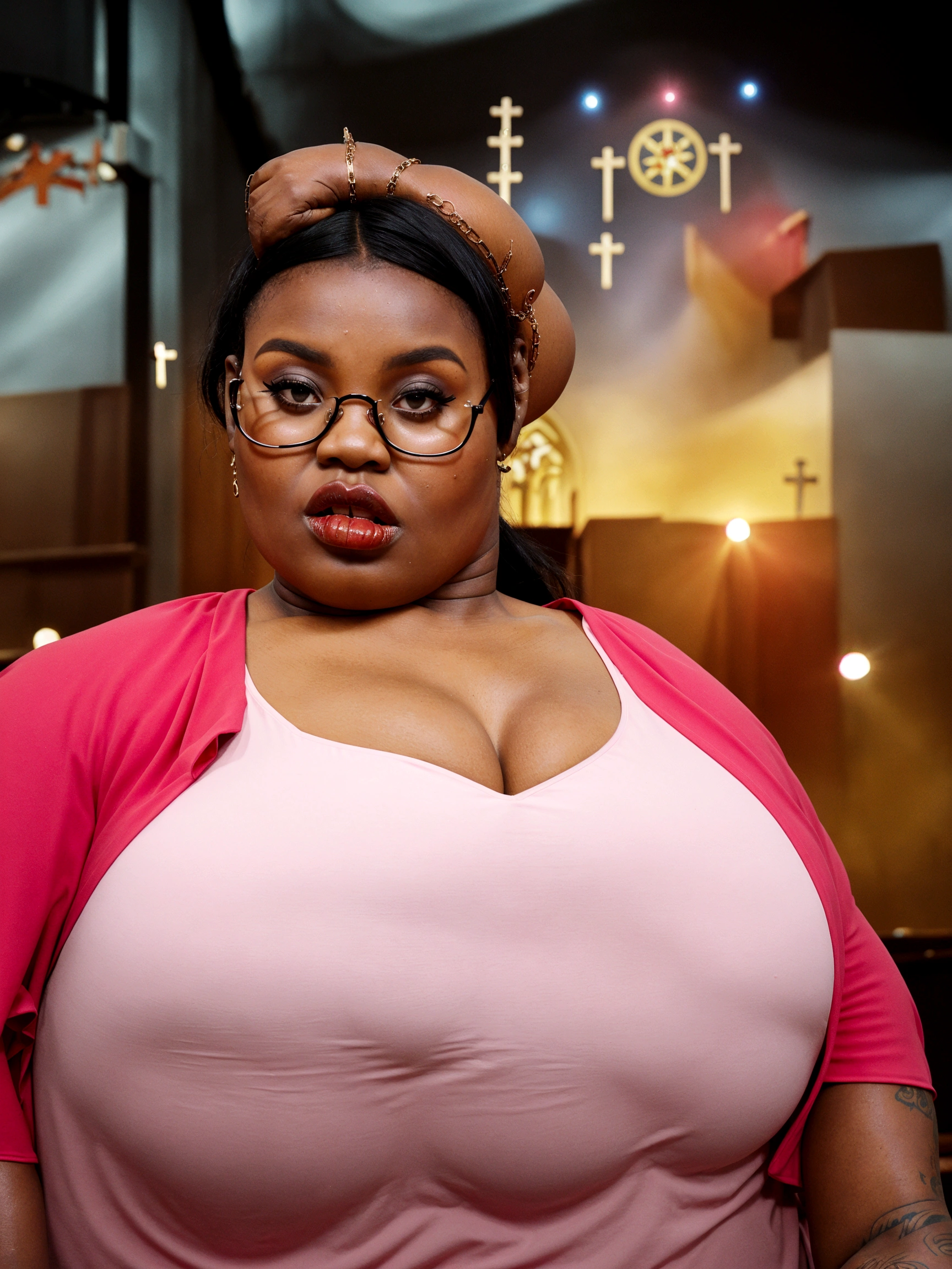 there is a ((black african woman:1.3)) in a dress and glasses posing for a picture, curvaceous. detailed, curvaceous, thicc,exposed massive breasts, alluring plus sized model, ebony, plus size woman, curvaceous. detailed expression, plus size, exposed huge breasts, nipples and areolas, full figured, beautiful thick female, rubenesque, with large breasts, bbw, immaculate complexion, ((remove clothing to completely expose breasts :1.4)),((in a church:1.4)) ,((uncontainable breasts,)),((tits are disproportionately gigantic for her body:1.4)),(she is wearing heavy makeup,glasses, bright red lipstick, a large cross pendant,clergy collar,and tattoos)), ((she has an extreme case of gigantomastia, macromastia, and breast hypertrophy:1.4)),((revealing slutty clothing)),((invisible clothing)),with large breasts,with a large breasts, buxom chested, really large bust, large breasts, large breasts size