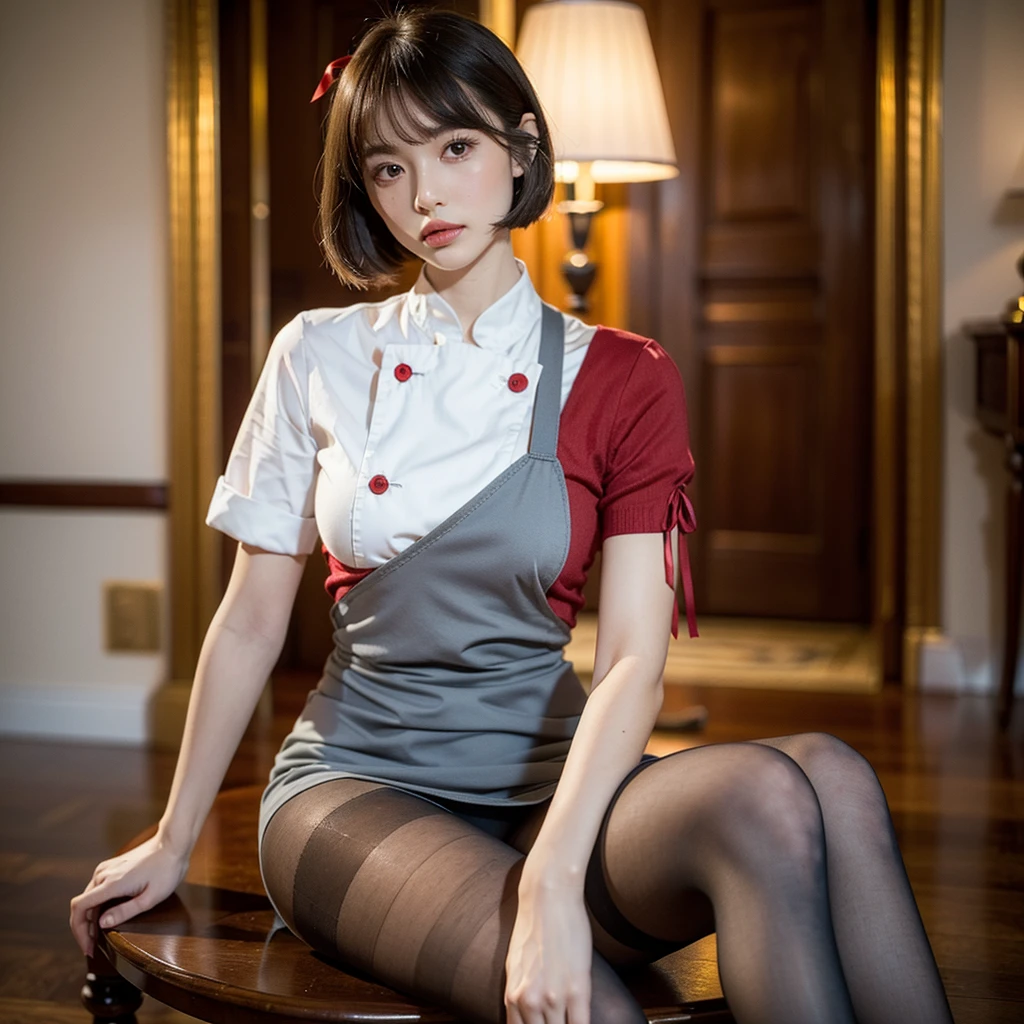 ((8K)), (((assise))), dans un temple, ((pantyhose gris)), ((stockings gris)), ((Chef d'oeuvre)), ((dressed character)), ((bas gris)), ((talons haut)), ((jambes grasses)), ((gros seins)), ((Original clothing)), (qualité d'image très élevée), (finely detailed eyes and detailed face:1.3), (extremely fine and beautiful:1.1), (Perfect details:1.1), short hair, lycoris uniform,ribbon, hair ribbon, red ribbon, bob cut, shirt, red dress, two-tone dress, neck ribbon, blue ribbon, grey dress,