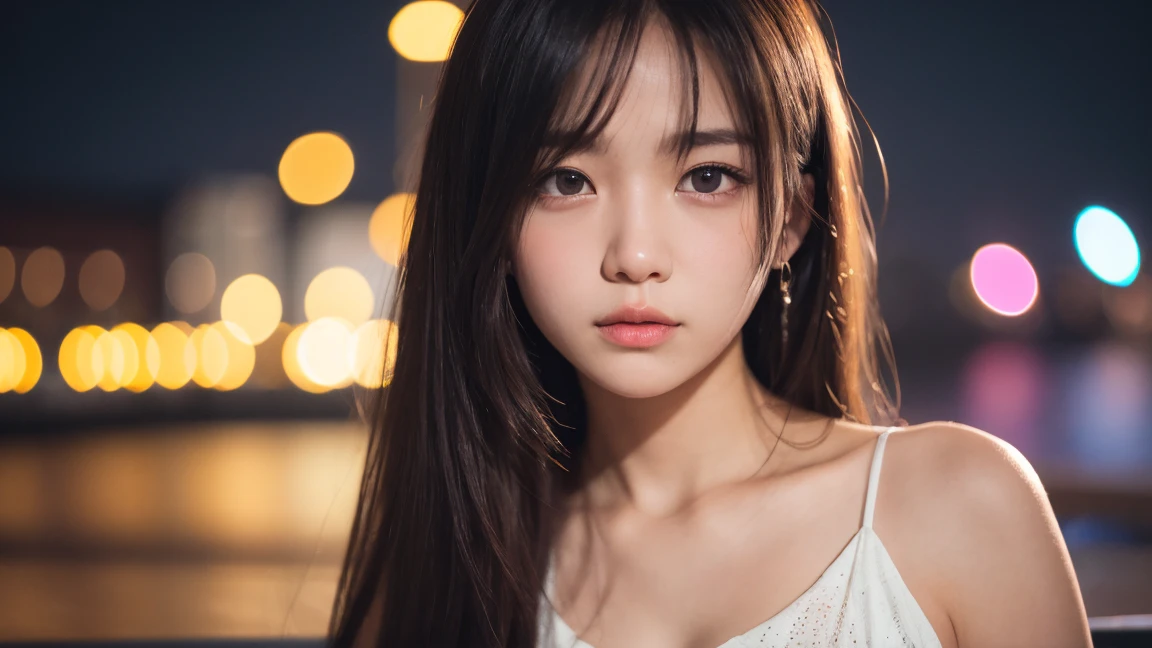 masterpiece, best quality, 8k, teen, raw photo, absurdres, award winning portrait, solo, night, neon, idol face, violaceaess, gardeniass, delicate girl, upper body, DSLR, looking at viewer, candid, sophisticated, youthful, thin arms, showing cleavage, shy, professional lighting, film grain, chromatic aberration, (detailed eyes and face:1.0), (bokeh:1.1)