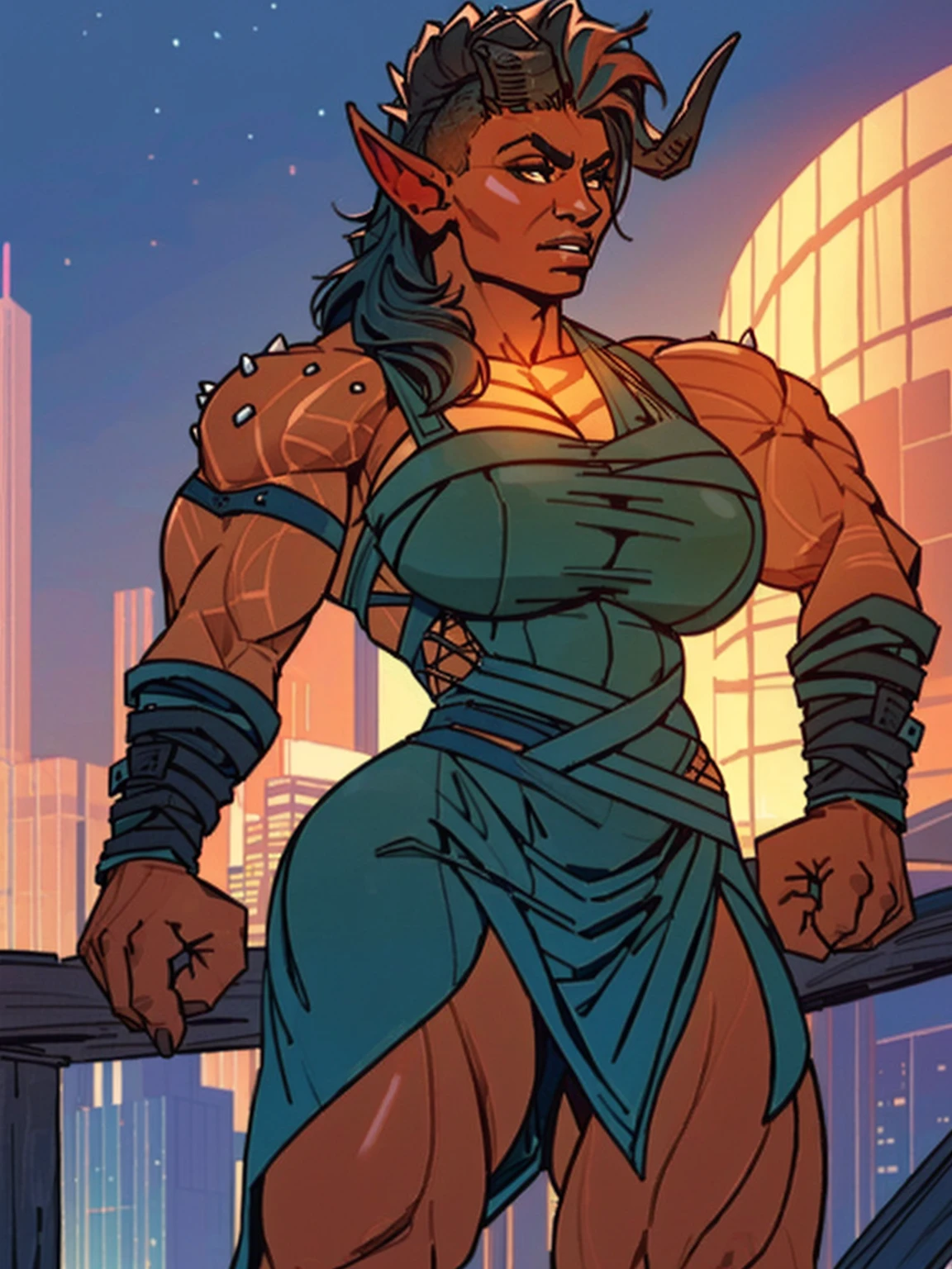 (masterpiece, best quality:1.3)
BGKarlach, 1girl, solo, realistic, long hair, horns,pointy ears, muscular, bodybuilder, buff, (huge breasts:1.3), cityscape, at night, on top of a skyscraper, short dress, tight, character portrait, incase