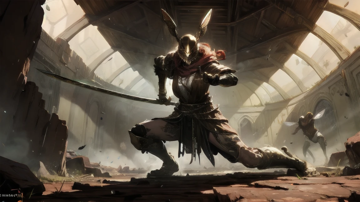 1 girl, ultra sharp image, beautiful figure, beautiful, full length (full body 1.1.), slender legs, buttocks, slender legs, Wasp waist, sexy, fighting pose, fighting stance, only,helmet,light-skinned Женский, One,a sword