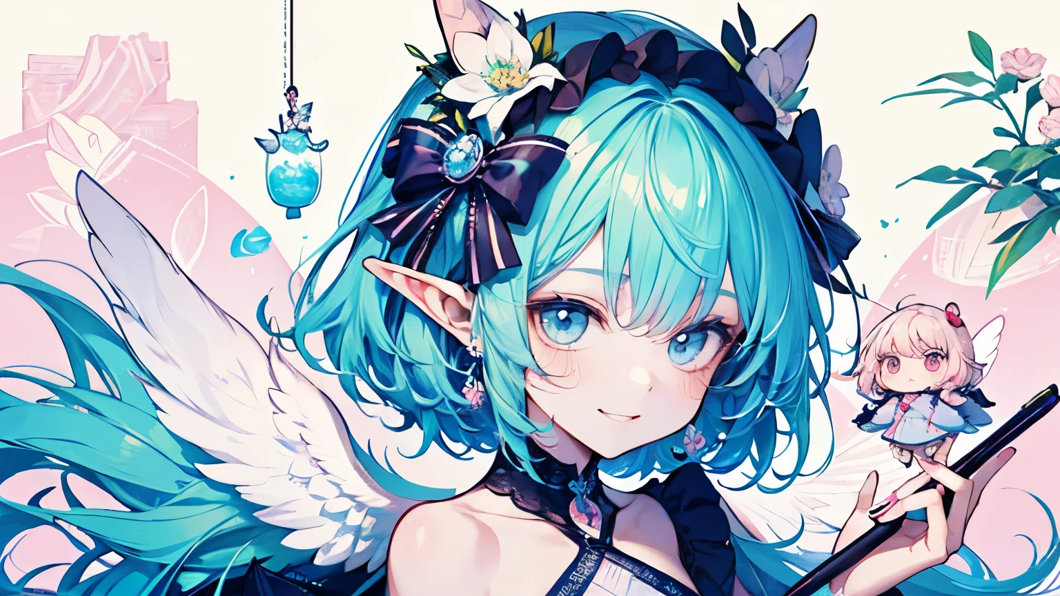 chibi character,Goblin motif,(brush),((cute,kawaii,wonderland)),((pastel color)),((Cute assortment)),(A shameful smile),((Small Corner:1.3)),Shiny DIAMOND hair,(Natural Color),((Angel:1.2)),(Fairytale:1.25).