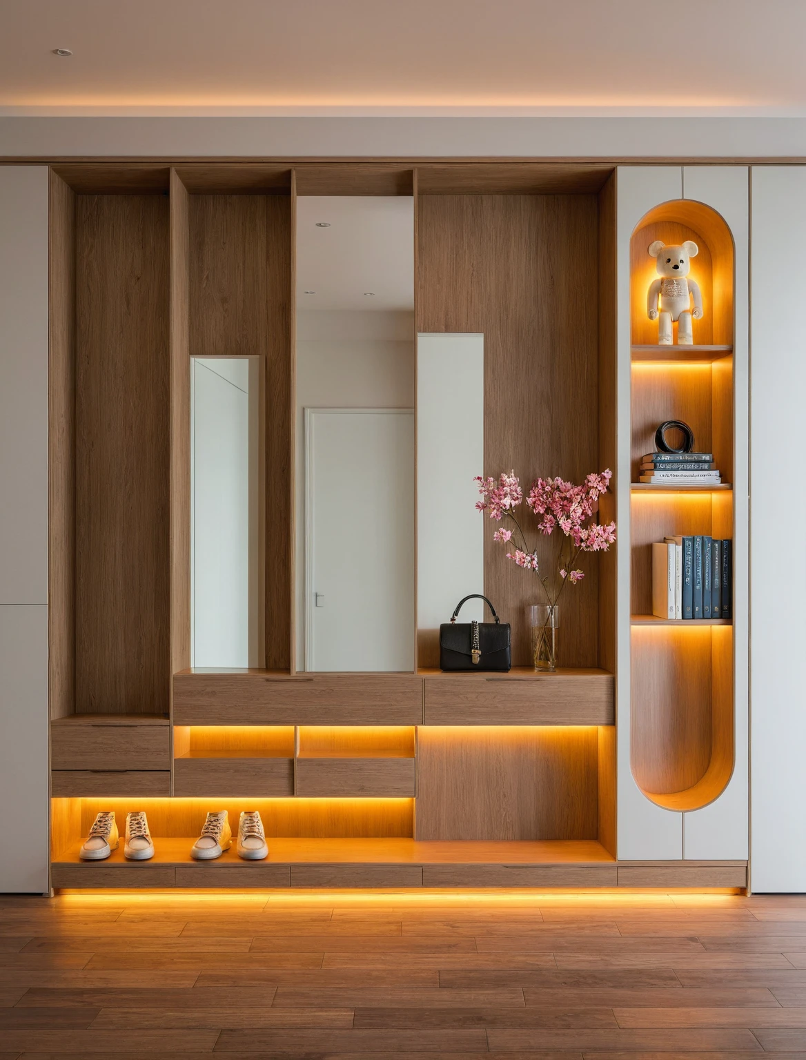 Raw photo,Masterpiece, high quality, best quality, authentic, super detail, interior, shoes Cabinet style modern luxury , sunset, daylight, shoe cabinets, decorative cabinets, flower vases, led lights, ceiling lights, decorations, books, wooden floor, handbags, shoes, bearbrick, ((mirror)), colour block tones