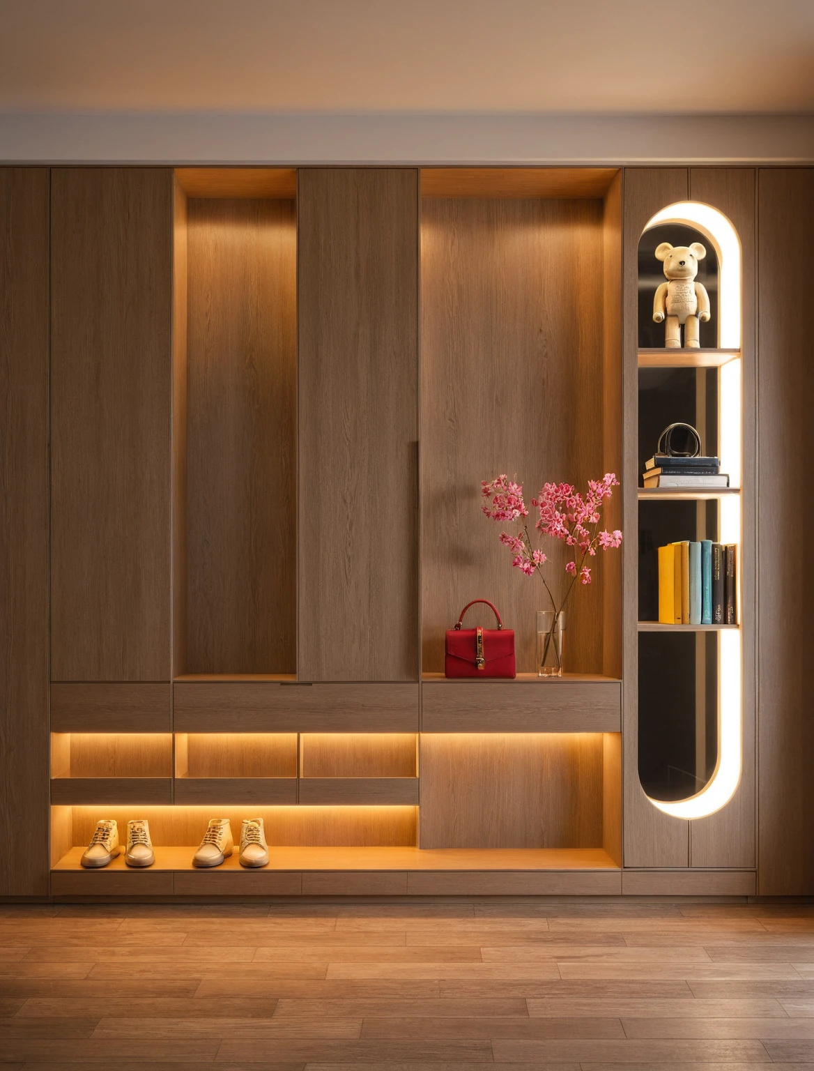 Raw photo,Masterpiece, high quality, best quality, authentic, super detail, interior, shoes Cabinet style modern luxury , sunset, daylight, shoe cabinets, decorative cabinets, flower vases, led lights, ceiling lights, decorations, books, wooden floor, handbags, shoes, bearbrick, ((mirror)), colour block tones
