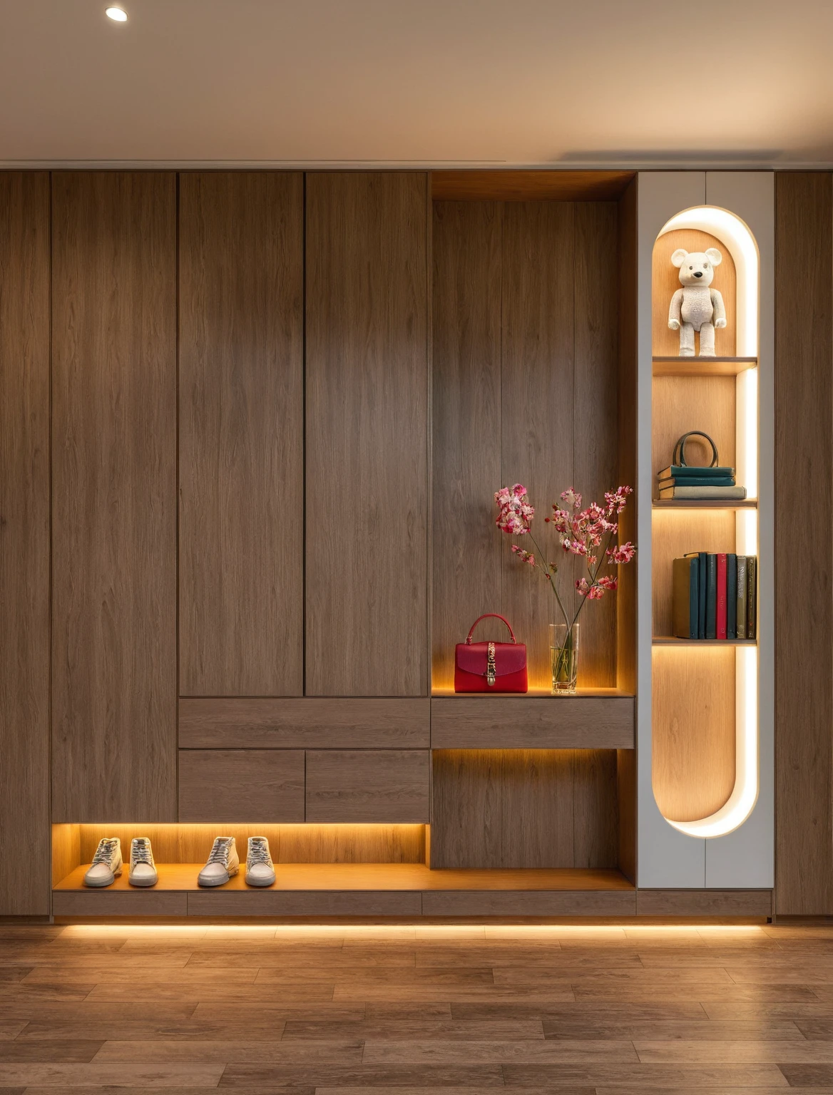 Raw photo,Masterpiece, high quality, best quality, authentic, super detail, interior, shoes Cabinet style modern luxury , sunset, daylight, shoe cabinets, decorative cabinets, flower vases, led lights, ceiling lights, decorations, books, wooden floor, handbags, shoes, bearbrick, ((mirror)), colour block tones