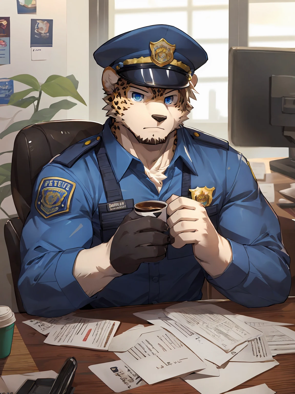 embedding:Leopard,Pale blue eyes,Single Person,Male,Chief,Wearing a police uniform,Wearing a police cap,modern,Eat a doughnut.Sitting in the office,There are papers and coffee cup on the table.Ray tracing,muscle,Serious,Stubble,Maturity,Best quality hands, best quality eye,detailed fur,Delicate eyes.Extreme picture quality,by sollyz,by zixiong,by milkytiger1145
