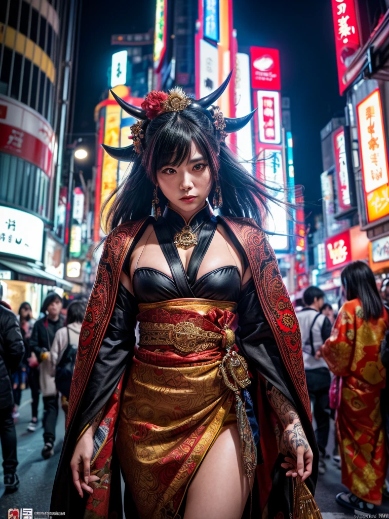 (masterpiece, cinematic photograph capturing the bustling streets of Shibuya, Japan, adorned with a procession of "oni" - traditional Japanese demons, parading through the night under the gaze of the intrigued crowd:1.3), (meticulously composed to convey the dynamic energy of the scene and the mystique of the "oni" creatures:1.2), (the intricate details of the "oni" costumes and the expressions of the people in the crowd adding depth to the visual narrative:1.1), (meticulous attention given to the neon-lit surroundings and the vivid contrast between the "oni" and the modern cityscape:1.1), (the chosen camera, a Canon EOS 5D Mark IV, renowned for its low-light performance, effectively capturing the vibrant atmosphere of the scene:1.1), (paired with a Canon EF 24-70mm f/2.8L II USM lens, allowing for versatility and sharpness in the wide-angle composition:1.1), (a portrayal that evokes a sense of enchantment and cultural fusion in the heart of a bustling city:1.1), (an image that invites viewers to immerse themselves in the urban fantasy and explore the intersection of tradition and modernity:1.1), (an artwork that encapsulates the vibrant nightlife of Shibuya and the captivating allure of the "oni" parade:1.1), (an invitation to witness a unique blend of myth and reality, captured in a cinematic frame:1.1), (a photographic journey that transports the audience to the lively streets of Tokyo's most iconic district:1.1)), Cinematic, Hyper-detailed, insane details, Beautifully color graded, Unreal Engine, DOF, Super-Resolution, Megapixel, Cinematic Lightning, Anti-Aliasing, FKAA, TXAA, RTX, SSAO, Post Processing, Post Production, Tone Mapping, CGI, VFX, SFX, Insanely detailed and intricate, Hyper maximalist, Hyper realistic, Volumetric, Photorealistic, ultra photoreal, ultra-detailed, intricate details, Super detailed, Full color, Volumetric lightning, HDR, Realistic, Unreal Engine, 16K, Sharp focus, Octane render