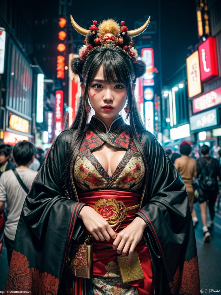 (masterpiece, cinematic photograph capturing the bustling streets of Shibuya, Japan, adorned with a procession of "oni" - traditional Japanese demons, parading through the night under the gaze of the intrigued crowd:1.3), (meticulously composed to convey the dynamic energy of the scene and the mystique of the "oni" creatures:1.2), (the intricate details of the "oni" costumes and the expressions of the people in the crowd adding depth to the visual narrative:1.1), (meticulous attention given to the neon-lit surroundings and the vivid contrast between the "oni" and the modern cityscape:1.1), (the chosen camera, a Canon EOS 5D Mark IV, renowned for its low-light performance, effectively capturing the vibrant atmosphere of the scene:1.1), (paired with a Canon EF 24-70mm f/2.8L II USM lens, allowing for versatility and sharpness in the wide-angle composition:1.1), (a portrayal that evokes a sense of enchantment and cultural fusion in the heart of a bustling city:1.1), (an image that invites viewers to immerse themselves in the urban fantasy and explore the intersection of tradition and modernity:1.1), (an artwork that encapsulates the vibrant nightlife of Shibuya and the captivating allure of the "oni" parade:1.1), (an invitation to witness a unique blend of myth and reality, captured in a cinematic frame:1.1), (a photographic journey that transports the audience to the lively streets of Tokyo's most iconic district:1.1)), Cinematic, Hyper-detailed, insane details, Beautifully color graded, Unreal Engine, DOF, Super-Resolution, Megapixel, Cinematic Lightning, Anti-Aliasing, FKAA, TXAA, RTX, SSAO, Post Processing, Post Production, Tone Mapping, CGI, VFX, SFX, Insanely detailed and intricate, Hyper maximalist, Hyper realistic, Volumetric, Photorealistic, ultra photoreal, ultra-detailed, intricate details, Super detailed, Full color, Volumetric lightning, HDR, Realistic, Unreal Engine, 16K, Sharp focus, Octane render