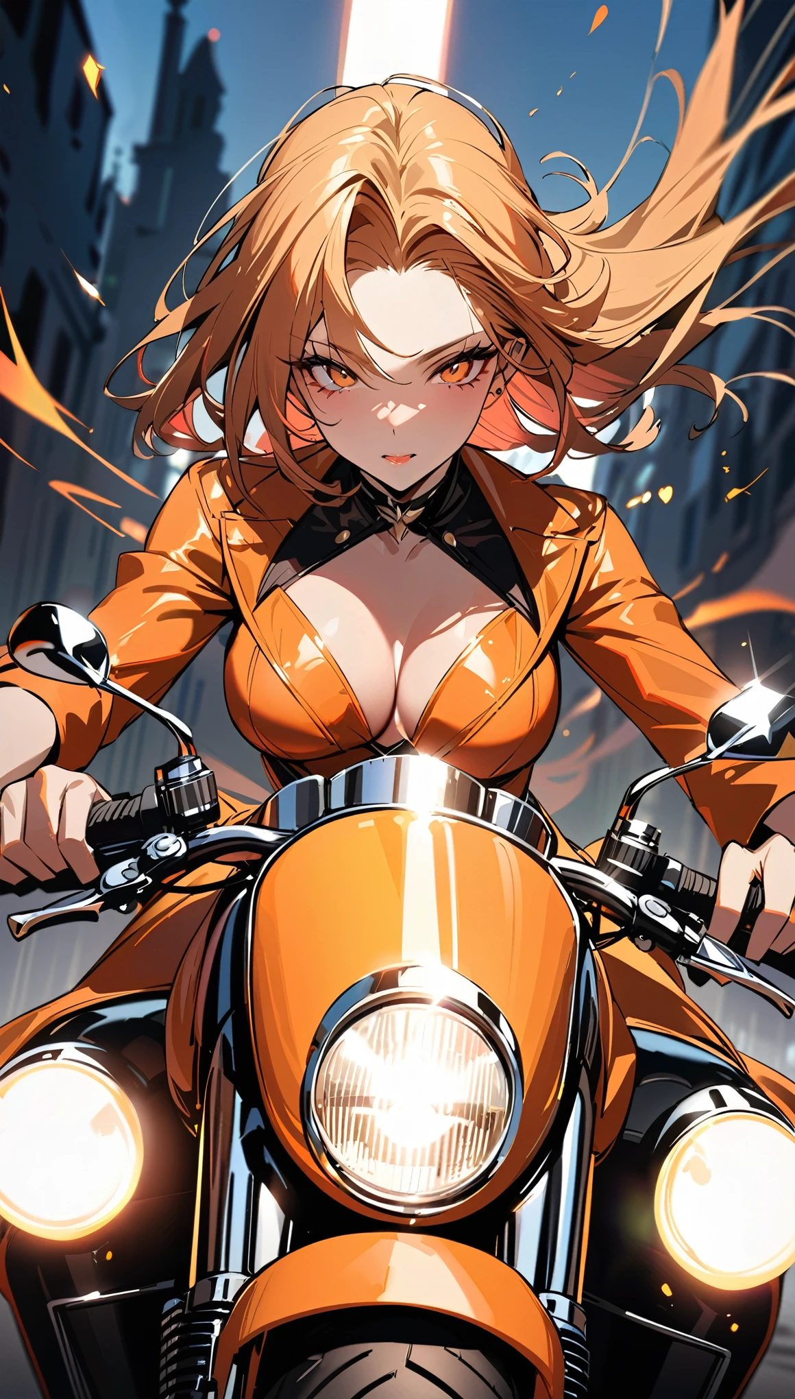((masterpiece, best quality)),(illustration),(detailedLight),((Extremely exquisite and beautiful)),in style of Thierry Mugler,Riding a Harley motorcycle,1 Girl,Gothic style,Motion Blur,Sense of speed,Light afterimage,Lively colors