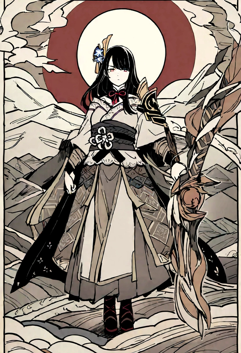 Mature Woman,Shogun,A dignified appearance,Short white hair,Strong and sturdy body,Wearing armor,Holding a sword,Background blank,2D Style Kingdom」Detailed and dynamic illustration of Yang Duanhe。She was dressed as a warrior and々Standing there。Her long black hair flows freely、Decorated with tribal ornaments。Yang Duanhe's eyes were sharp and determined.、It reflects her leadership and strength.。She wears traditional mountain folk armor with beautiful patterns.。In her hand she holds a highly decorated spear.。The background depicts the rugged mountainous region of her hometown.、In the distance I see loyal mountain folk warriors.。The overall color palette is、Earthy tones with vibrant highlights capture a wild and untamed spirit.。