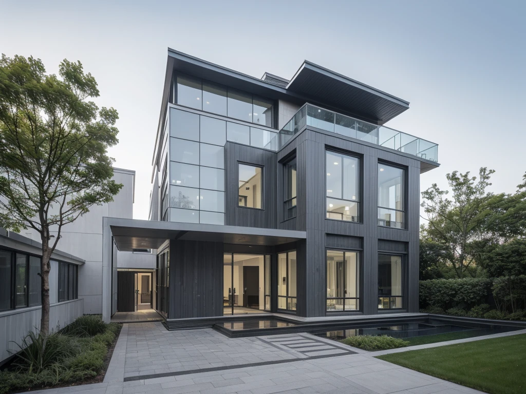 RAW photo, a photo of a modern villa with a car parked in front of it, ((1/2 dark grey wood facade)), architectural shot, gate, road, viet nam modern residence, rough white wall, new residential area, wide angle exterior 2022, contemporary house, exterior photography, masterpiece, contemporary architecture, overcast, indirect lighting