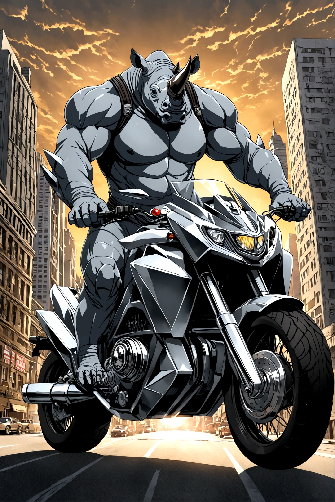 Marvel comic book villain Rhino (Gray Rhino suit) is riding on a huge scary motorcycle (Gray with black chrome, machine gun mounts, big rhino horn over headlight), downtown