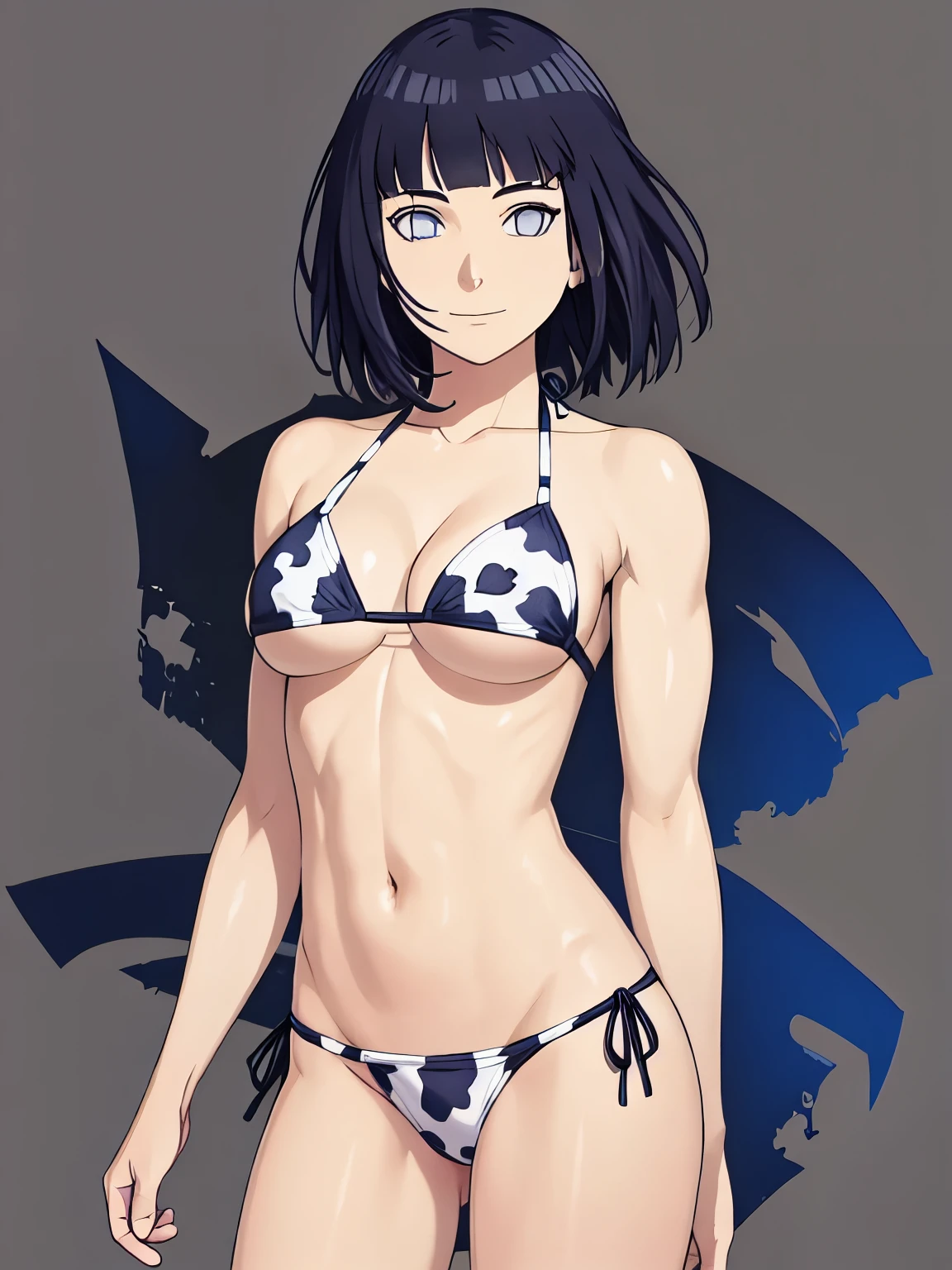 (hinata\(boruto\), (extremely high quality, anime, tall woman, cowboy shot, angle view, ((cow print bikini only and wear nothing else, cow print bikini only and wear nothing else, almost naked, bare arms, bare arms, bare shoulders, biceps)), (kick:1.8, kick, kick) (wide shoulders, off-shoulders, little biceps), smile), (giant breasts:1.5, tight cleavage), closed mouth), (posing for the viewer, broken arms), ((pale skin, little biceps)), ((dark blue, short hair, hime cut، loose hair, floating hair, floating hair), (background: simple white background only), (background: simple white background only), (background: simple white background only), (background: simple white background only), (background: simple white background only)