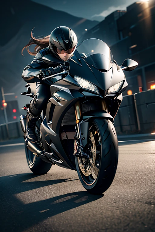 a sleek, high-powered motorcycle, chrome detailing, dynamic motion blur, cinematic lighting, dramatic shadows, moody color palette, photorealistic rendering, intricate mechanical details, metallic sheen, speed lines, cinematic composition, dramatic camera angle
