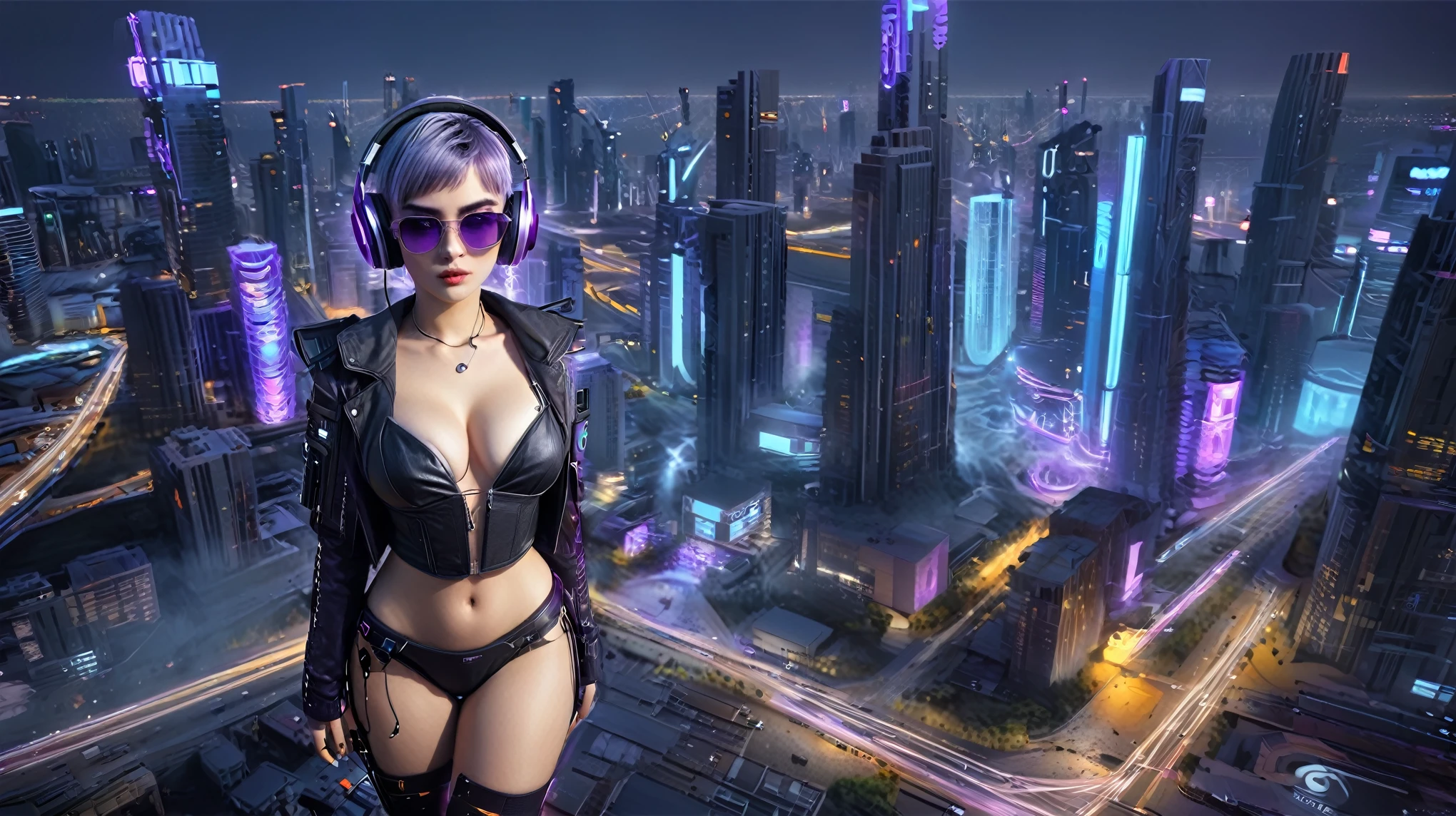 masterpiece, best quality, high resolution, 8k, (Portrait Photos:1.5), (R Original Photo), real picture, Digital Photography, (A fusion of cyberpunk and fantasy), 20 year old girl, solo, (((black sunglasses, headphone))), Feel free to hairstyle, Purple Eyes, By Bangs, (large breasts, cleavage, Accessories, Elegant and charming, Combination of cyberpunk and fantasy style clothing, Hollow carving design, Photo poses, Realistic style, (((((((pistol shooting pose))))))), oc render reflection texture, sentry, (((((Cyberpunk style future city, Moai shape buildings))))), night, Bustling streets, (((((half-body (thigh level) medium shot))))).