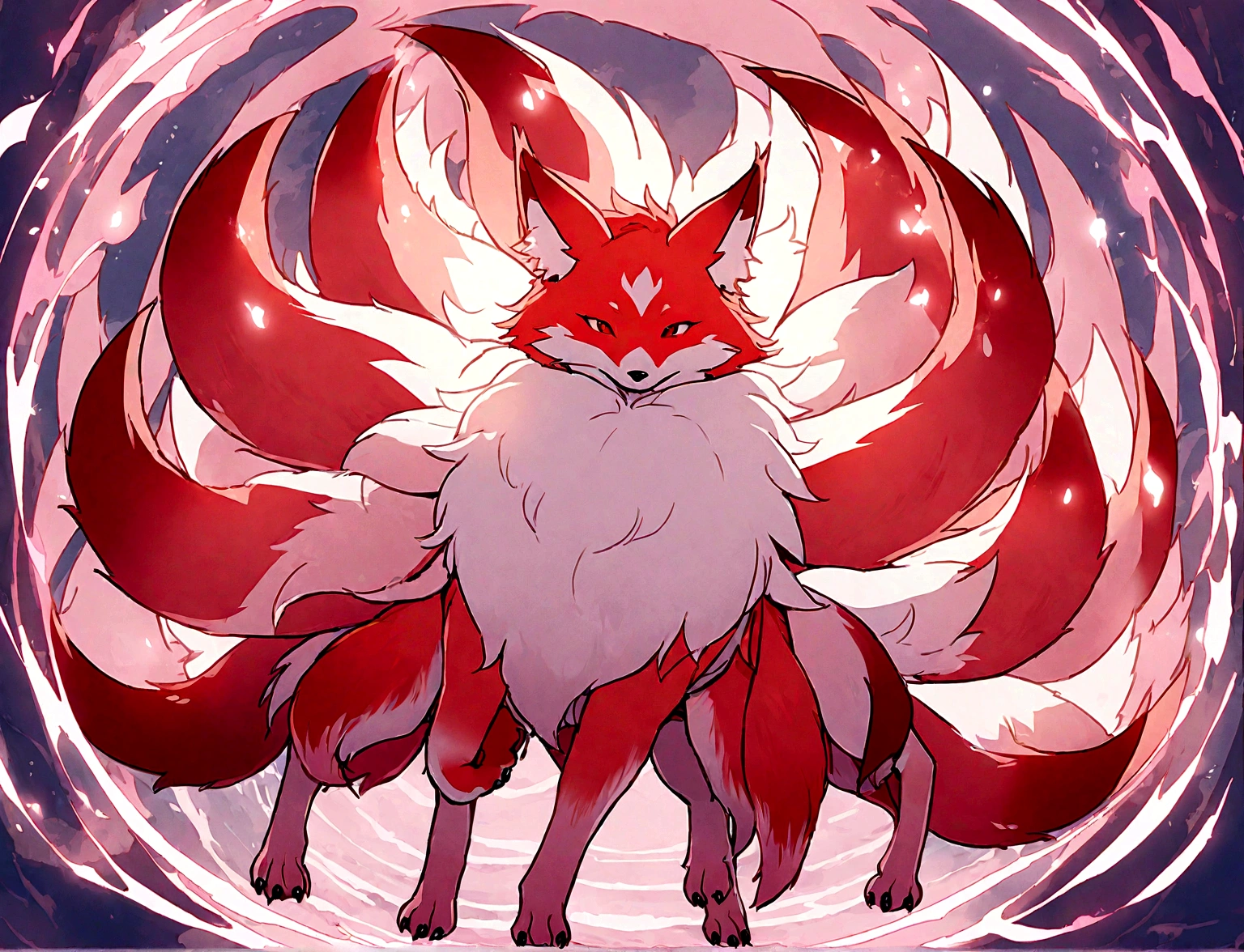 A giant red fox with 9 tails and 4 legs, whose tips are light pink. The tails are very fluffy and soft. The chest coat is light pink, as well as the tips of the paws. ao redor, a circle of small light pink flames. Ao fundo, a sunny beach.