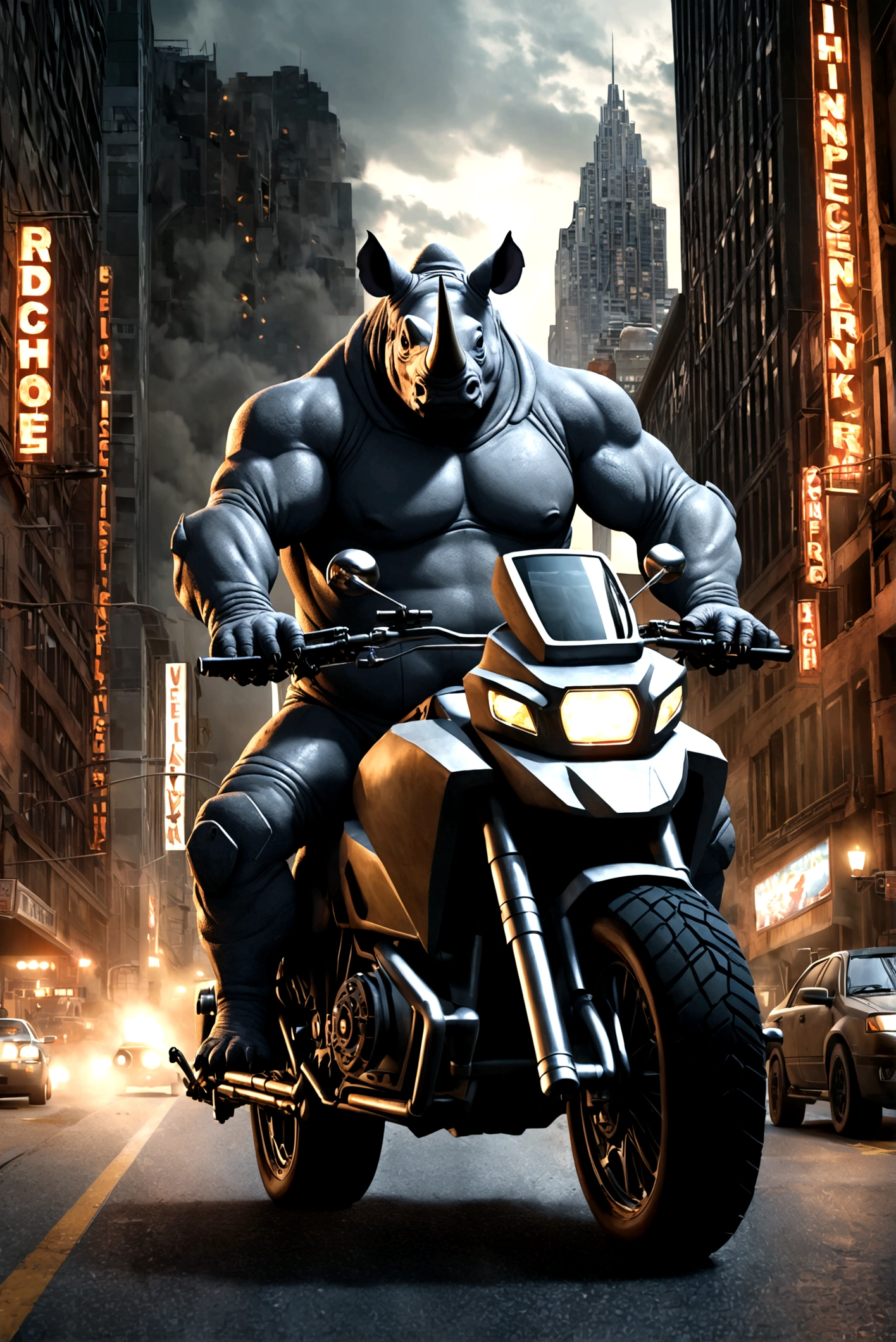 a gray rhino supervillain in a rhino suit riding a huge scary motorcycle with machine gun mounts and a rhino horn over the headlight, in a downtown city setting, detailed, cinematic, dark and gritty, dramatic lighting, hyper realistic, 8k, award winning digital art
