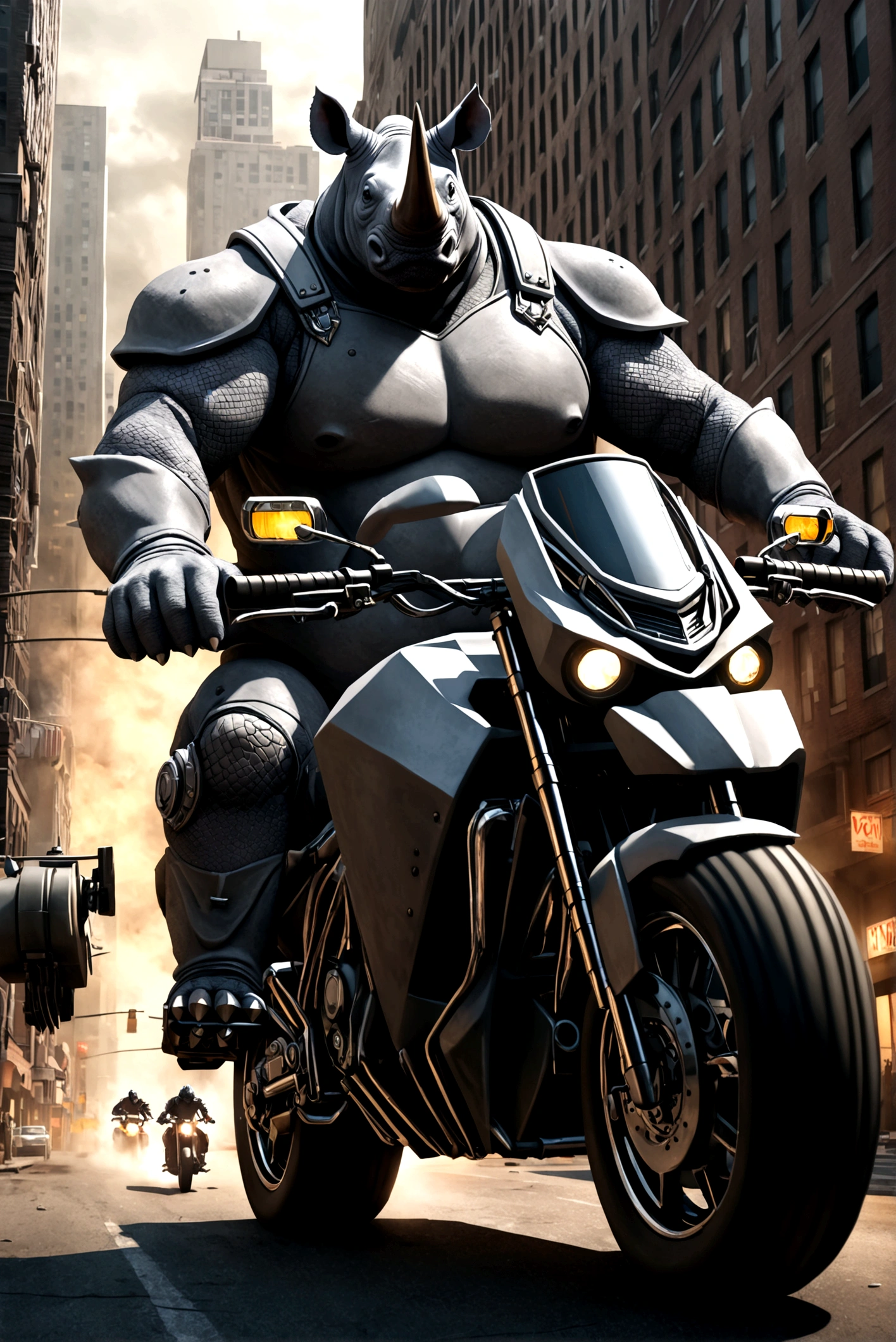 a gray rhino supervillain in a rhino suit riding a huge scary motorcycle with machine gun mounts and a rhino horn over the headlight, in a downtown city setting, detailed, cinematic, dark and gritty, dramatic lighting, hyper realistic, 8k, award winning digital art