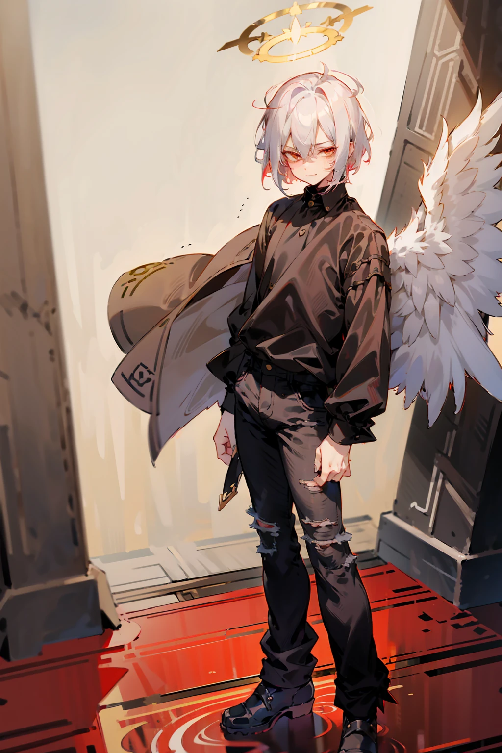 1male, Adult, Two Tone Hair, Crimson and White Hair, Short Hair, Undercut Hair, Angel Halo, Black Wings, Golden Eyes, Smirk, Black Flannel Shirt, Black Ripped Jeans, Standing On Path