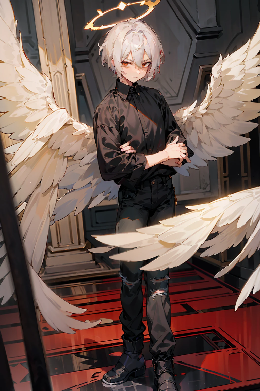 1male, Adult, Two Tone Hair, Crimson and White Hair, Short Hair, Undercut Hair, Angel Halo, Black Wings, Golden Eyes, Smirk, Black Flannel Shirt, Black Ripped Jeans, Standing On Path