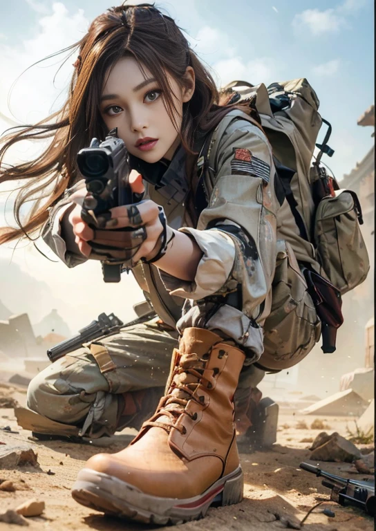(Modify hair only、Face)Reddish brown hair,Long curly hair,High Ponytail,Red headdress,Red Eyess,Red Eyes,Red pupil,Exquisite eyes,Bright Eyes,Automatic Rifle