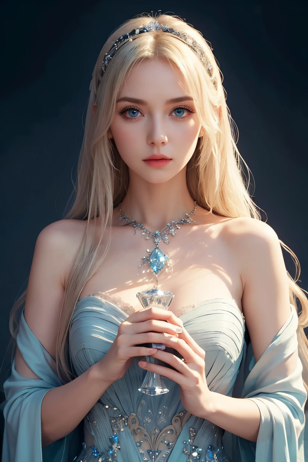 a girl with long white hair and big blue eyes, beautiful detailed eyes, beautiful detailed lips, extremely detailed eyes and face, longeyelashes, holding a crystal, intricate fantasy dress, masterpiece, fantasy, elegant, photorealistic, 8k, award winning, cinematic lighting, cinematic composition, highly detailed, dramatic, mystical, ethereal, magical