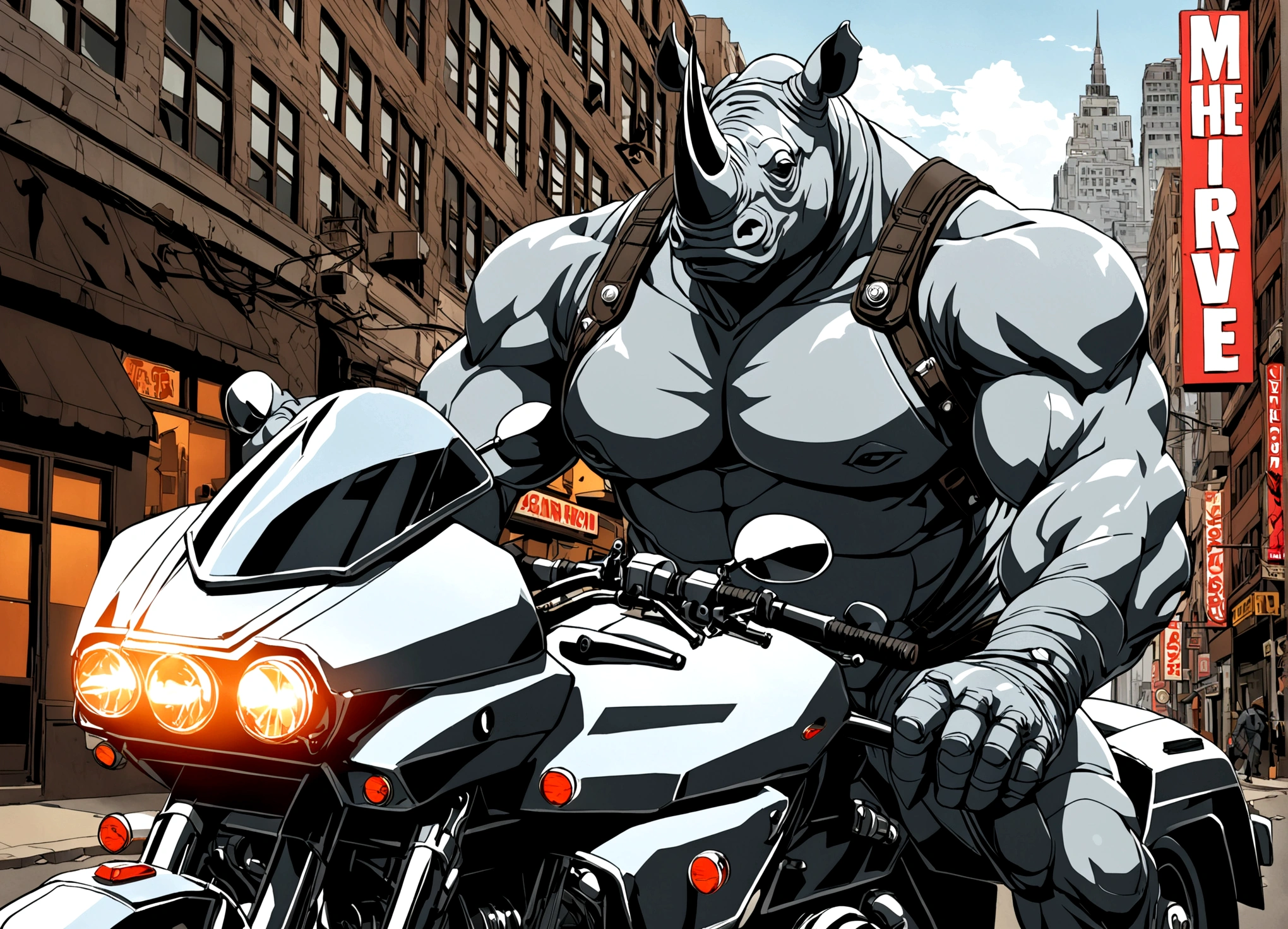 Marvel comic book villain Rhino (Gray Rhino suit) is riding on a huge scary motorcycle (Gray with black chrome, machine gun mounts, big rhino horn over headlight), downtown