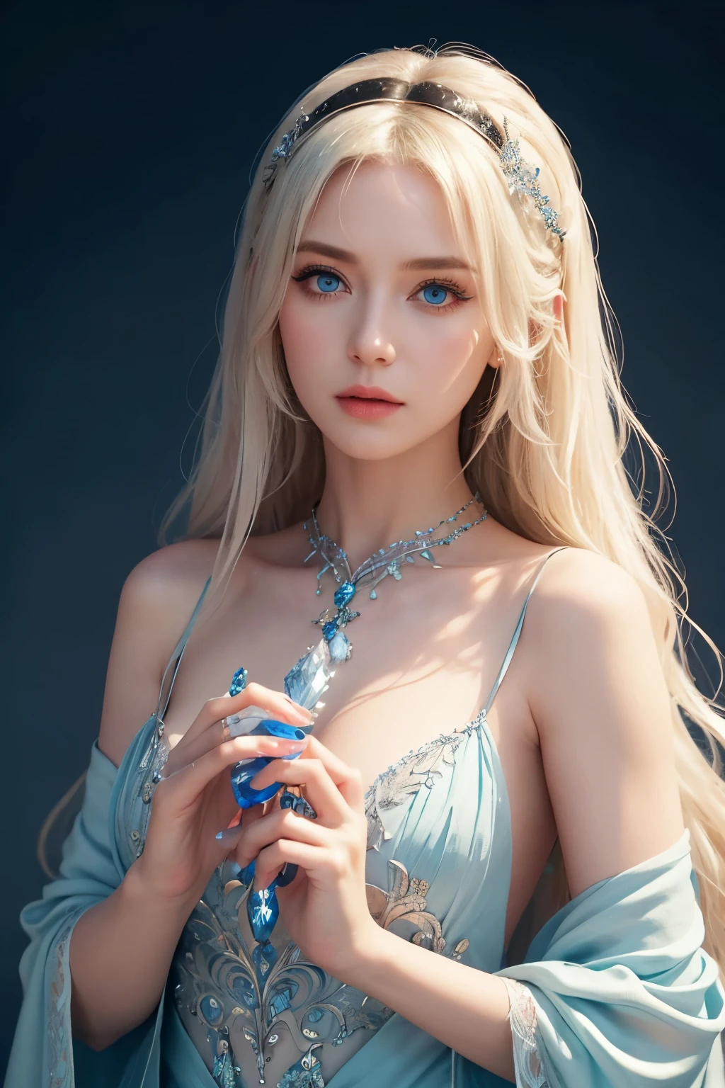 a girl with long white hair and big blue eyes, beautiful detailed eyes, beautiful detailed lips, extremely detailed eyes and face, longeyelashes, holding a crystal, intricate fantasy dress, masterpiece, fantasy, elegant, photorealistic, 8k, award winning, cinematic lighting, cinematic composition, highly detailed, dramatic, mystical, ethereal, magical