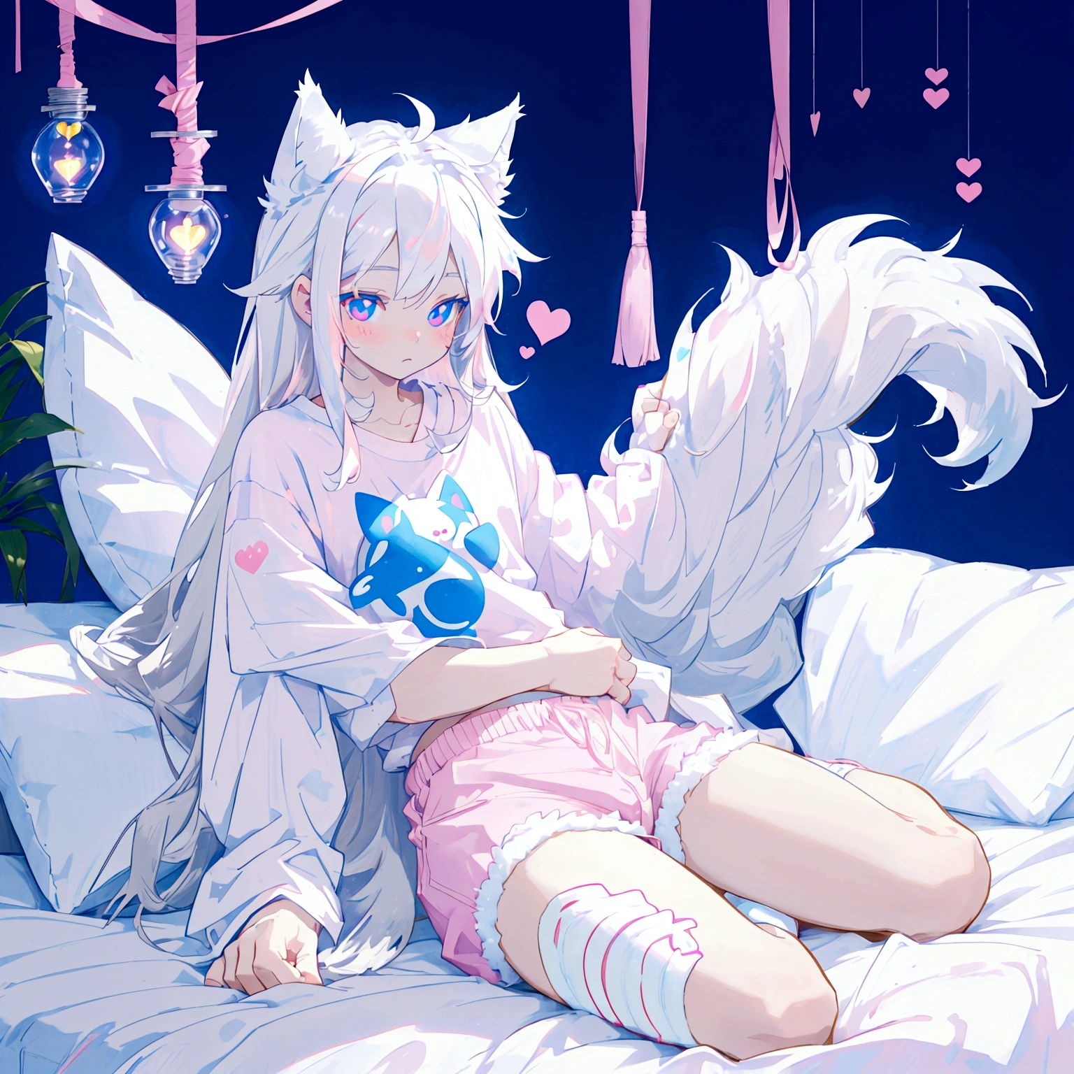 a cute adult male with wolf ears long white hair and a fluffy wolf tail, wearing pink micro shorts and a tight t-shirt with a heart logo on it, has glowing blue eyes, has very squishy thighs, wearing white thigh high socks, kawaii, on bed relaxing surrounded by plushies, solo, alone, (SOLO)(ALONE)