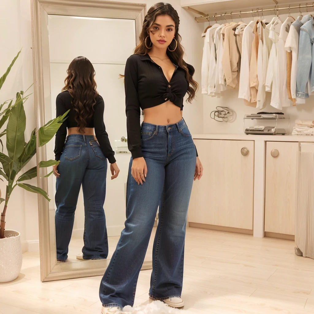 there is a woman standing in front of a mirror in a room, outfit: sexy basic, in clothes! highly detailed, ( ( tan skin ) ), physical : tiny midriff, kawaii shirt and jeans, modern fashion outfit, highly_detailed!!, ( ( ( wearing jeans ) ) ), female outfit, !!highly detailed, latina woman, wavy hair, crop jacket, sexy, chola makeup, hoop earrings
