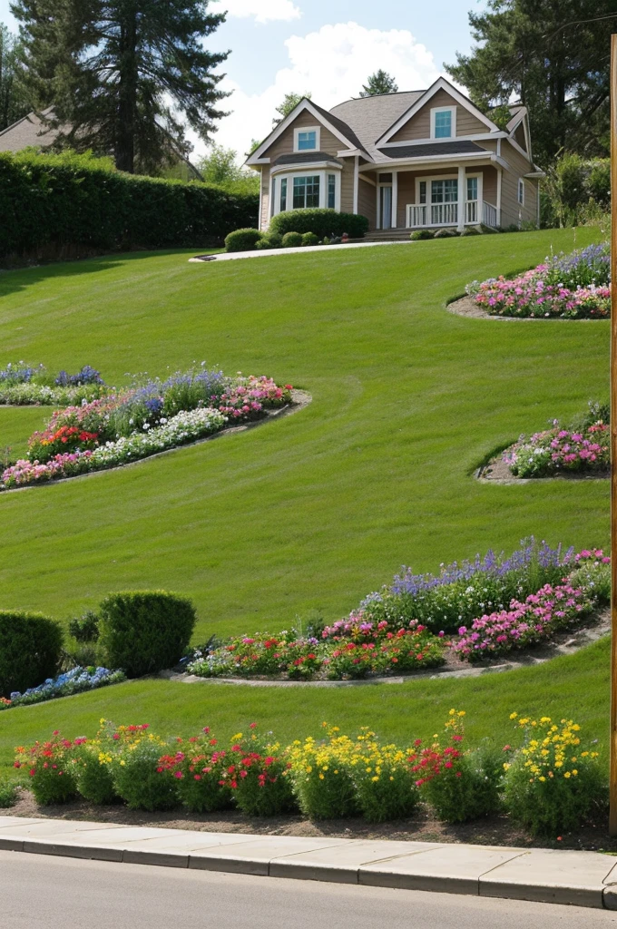 Surprise me, draw a house based on a geophysical frame, standing on a site with a slight slope, there are flower beds around the house. 