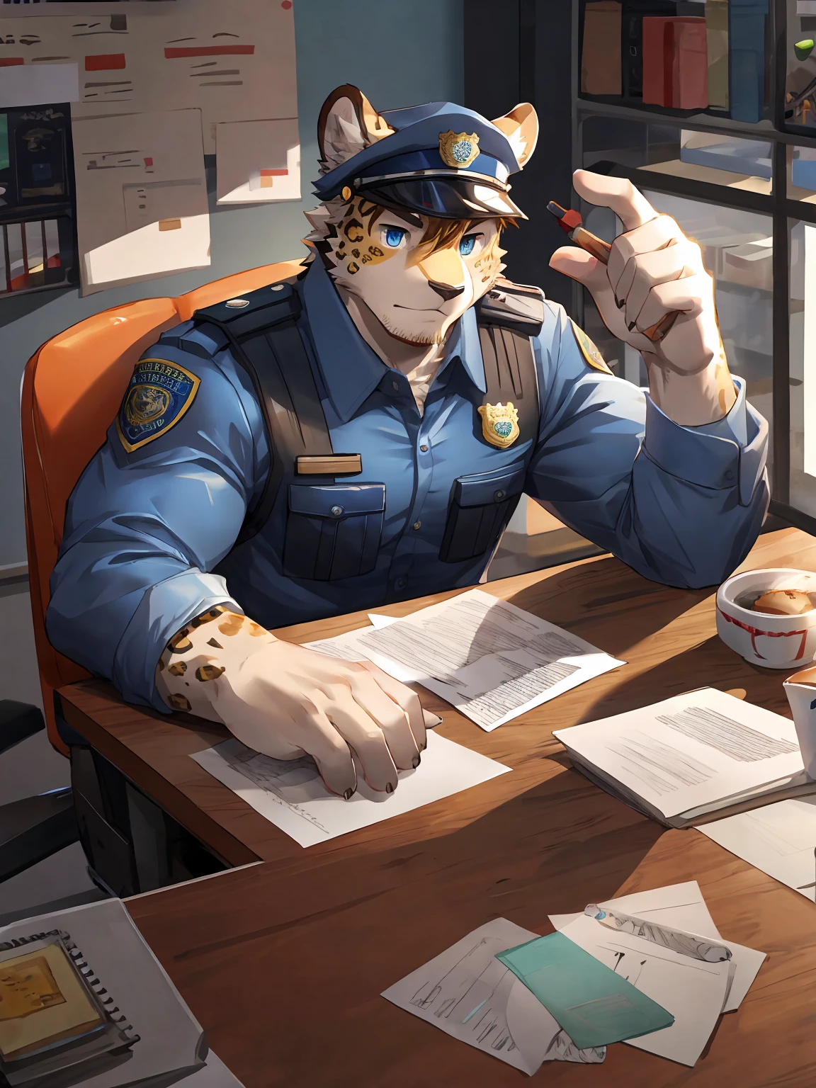 embedding:Leopard,Pale blue eyes,Single Person,Male,Chief,Wearing a police uniform,Wearing a police cap,modern,Eat a doughnut.Sitting in the office,There are papers and coffee cup on the table.Ray tracing,muscle,Serious,Stubble,Maturity,Best quality hands, best quality eye,detailed fur,Delicate eyes.Extreme picture quality,by sollyz,by zixiong,by milkytiger1145