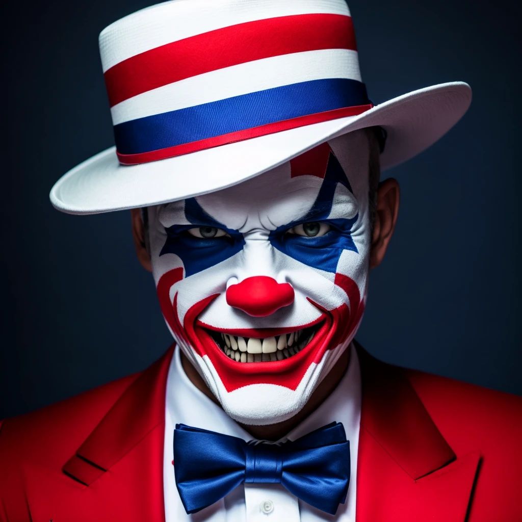 映画Jokerのような,hair is yellow,Hats come in three colors,Realな人間,Illustration is different,clown,Joker,Face white,Cross painted on eyes,Yellow hair,Three-color hat,whole body,4K,high resolution,uncle,Real,Real Humans,Man in his 40s,The hat is white, blue and red,Star-patterned clothing,White gloves,Big red paint on mouth,The hat is white, red and blue,whole bodyは青と赤と白,bow tie is red,The hat is white with red and blue stripes.,Scary face,Angry,Vertical stripes,