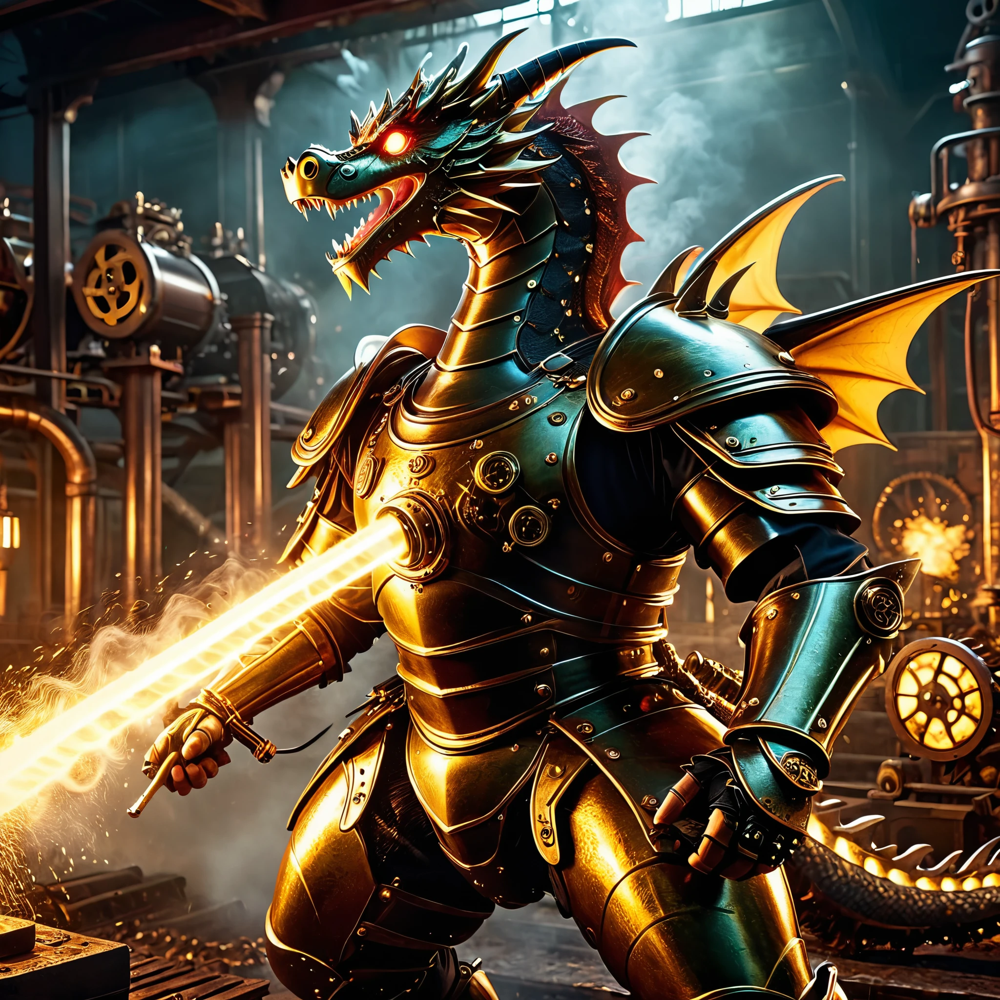 a steampunk samurai in steam-powered armor fighting a mechanical dragon, industrial landscape, gears, machinery, best quality, 8k, hyperdetailed, highly detailed, intricate, cinematic, dramatic lighting, moody colors, vibrant colors, golden hour, volumetric lighting, cinematic composition, epic, masterpiece