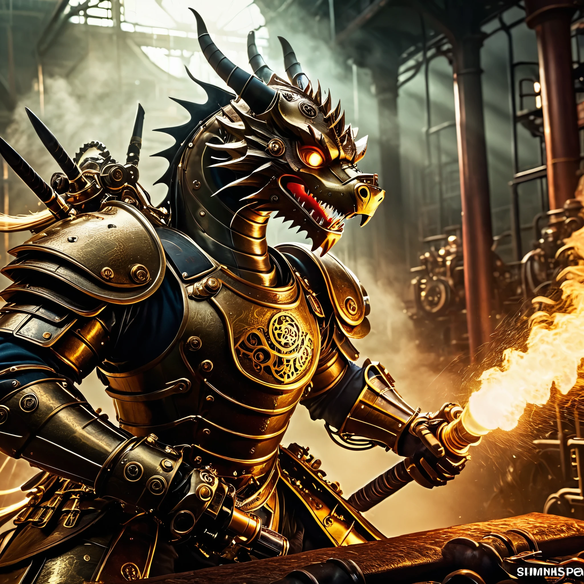 a steampunk samurai in steam-powered armor fighting a mechanical dragon, industrial landscape, gears, machinery, best quality, 8k, hyperdetailed, highly detailed, intricate, cinematic, dramatic lighting, moody colors, vibrant colors, golden hour, volumetric lighting, cinematic composition, epic, masterpiece