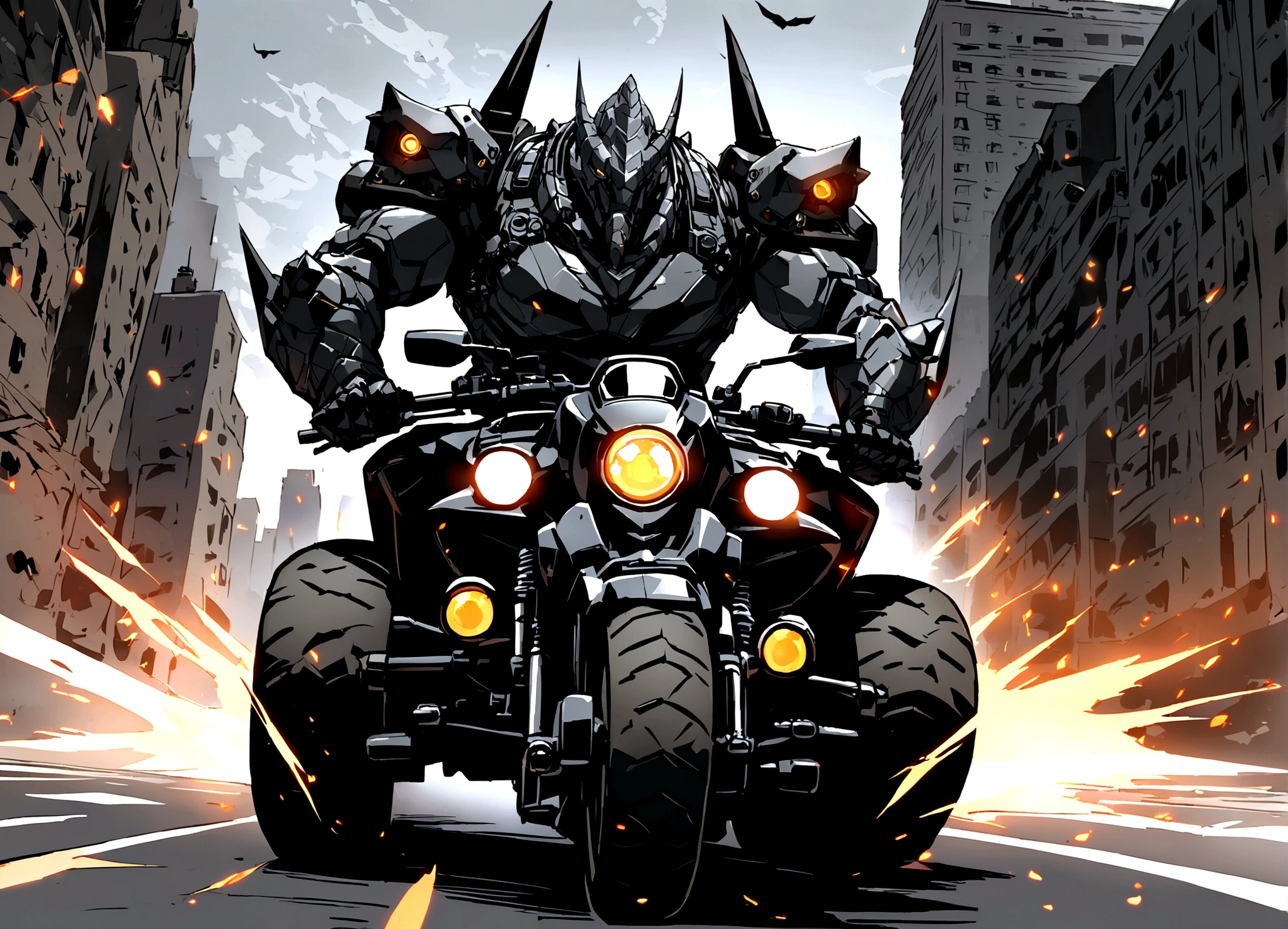 Marvel comic book villain Rhino (Gray Rhino suit) is riding on a huge scary motorcycle (Gray with black chrome, machine gun mounts, big rhino horn over headlight), downtown