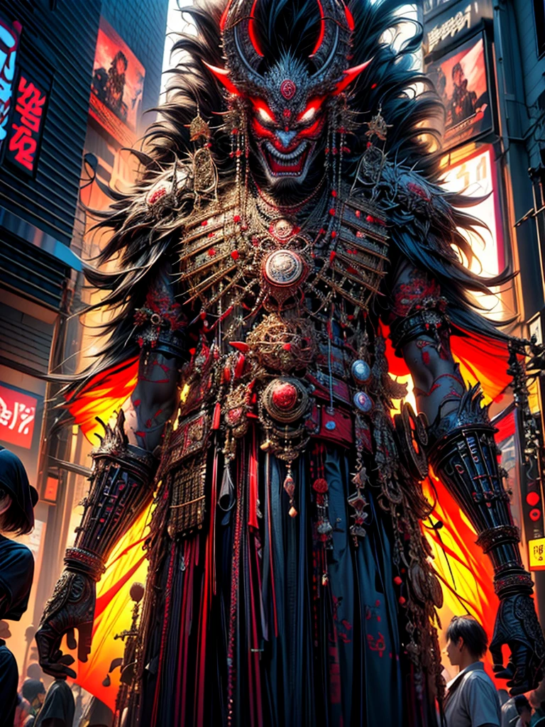 (masterpiece, cinematic photograph capturing the bustling streets of Shibuya, Japan, adorned with a procession of "oni" - traditional Japanese demons, parading through the night under the gaze of the intrigued crowd:1.3), (meticulously composed to convey the dynamic energy of the scene and the mystique of the "oni" creatures:1.2), (the intricate details of the "oni" costumes and the expressions of the people in the crowd adding depth to the visual narrative:1.1), (meticulous attention given to the neon-lit surroundings and the vivid contrast between the "oni" and the modern cityscape:1.1), (the chosen camera, a Canon EOS 5D Mark IV, renowned for its low-light performance, effectively capturing the vibrant atmosphere of the scene:1.1), (paired with a Canon EF 24-70mm f/2.8L II USM lens, allowing for versatility and sharpness in the wide-angle composition:1.1), (a portrayal that evokes a sense of enchantment and cultural fusion in the heart of a bustling city:1.1), (an image that invites viewers to immerse themselves in the urban fantasy and explore the intersection of tradition and modernity:1.1), (an artwork that encapsulates the vibrant nightlife of Shibuya and the captivating allure of the "oni" parade:1.1), (an invitation to witness a unique blend of myth and reality, captured in a cinematic frame:1.1), (a photographic journey that transports the audience to the lively streets of Tokyo's most iconic district:1.1)), Cinematic, Hyper-detailed, insane details, Beautifully color graded, Unreal Engine, DOF, Super-Resolution, Megapixel, Cinematic Lightning, Anti-Aliasing, FKAA, TXAA, RTX, SSAO, Post Processing, Post Production, Tone Mapping, CGI, VFX, SFX, Insanely detailed and intricate, Hyper maximalist, Hyper realistic, Volumetric, Photorealistic, ultra photoreal, ultra-detailed, intricate details, Super detailed, Full color, Volumetric lightning, HDR, Realistic, Unreal Engine, 16K, Sharp focus, Octane render