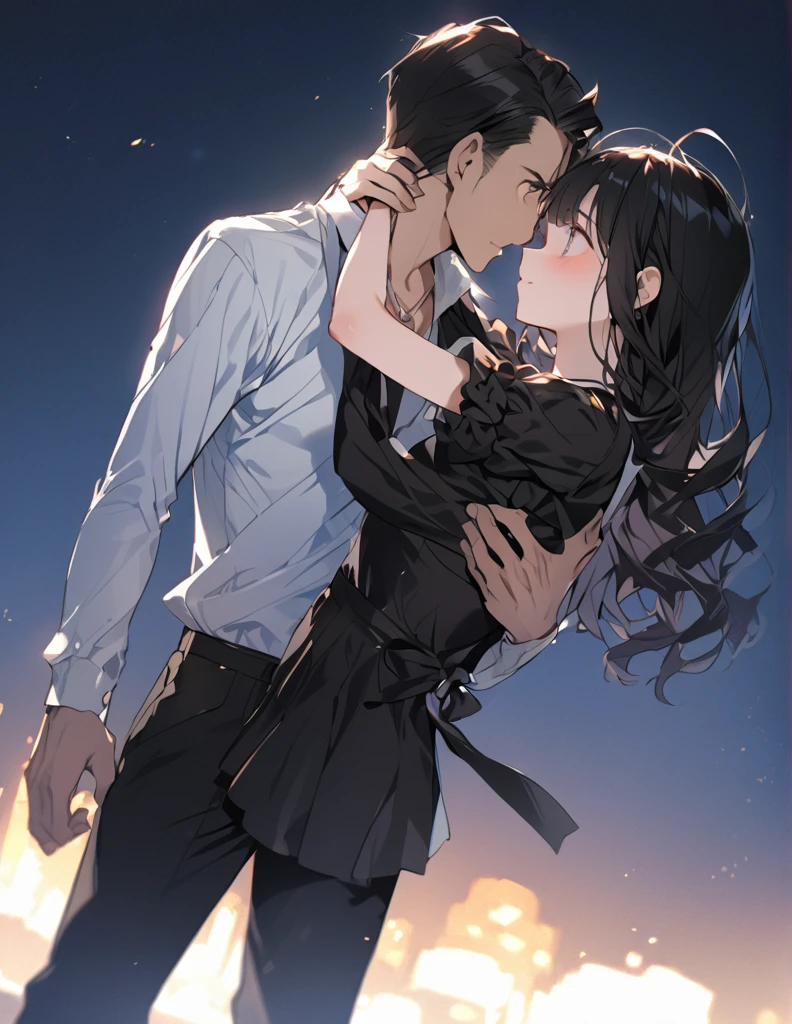 happy couple, 1 girl、1 boy, different hair colors, twisted black hair and purple eyes, short dark brown hair and gray eyes, dear dear, romantic, outdoor, beneath the stars, evening, sit, food, open your mouth, Parlero, 25 years old