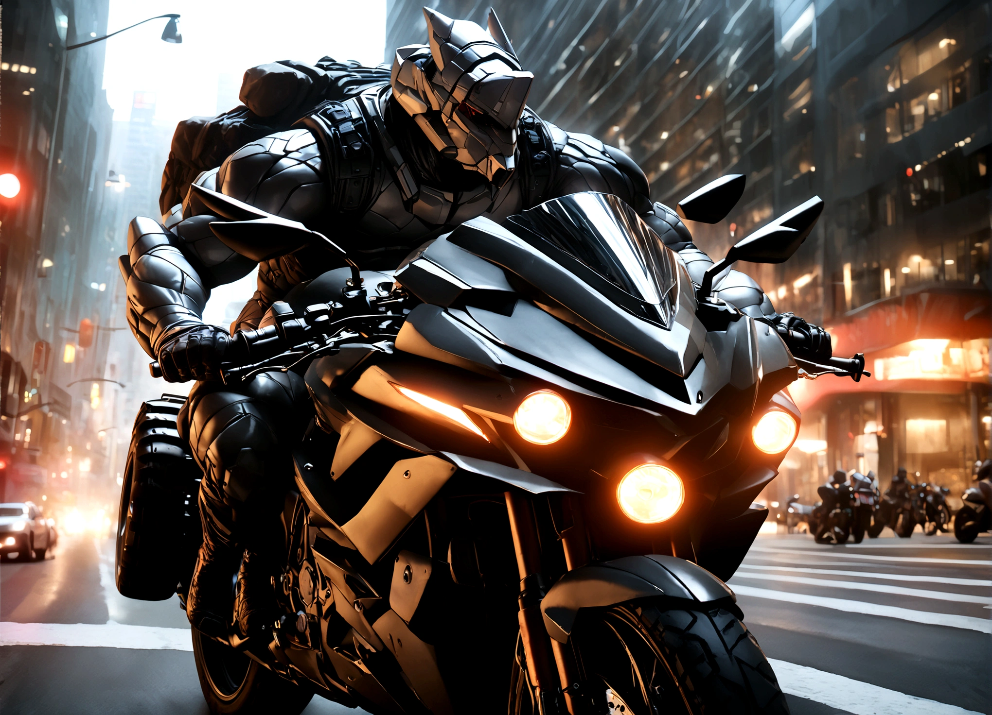 a massive, muscular gray rhino humanoid in a high-tech gray rhino suit, riding a huge, terrifying motorcycle with black chrome, machine gun mounts, and a large rhino horn over the headlight, in a downtown city setting, detailed cinematic lighting, highly detailed, 8k, photorealistic, masterpiece, dramatic action scene