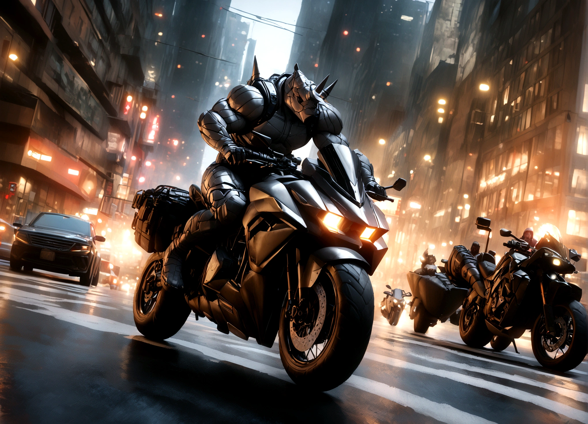 a massive, muscular gray rhino humanoid in a high-tech gray rhino suit, riding a huge, terrifying motorcycle with black chrome, machine gun mounts, and a large rhino horn over the headlight, in a downtown city setting, detailed cinematic lighting, highly detailed, 8k, photorealistic, masterpiece, dramatic action scene