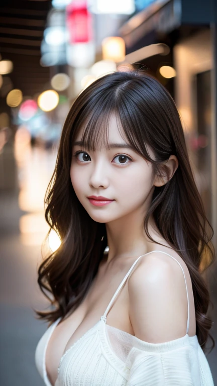 flying debris、Highest quality、shape、 Very detailed、Finer details、 High resolution、8K Dende wallpaper、完璧なダイナミックな構shape、24 year old beautiful girl、clear、Beautiful face in every detail、Beautiful eyes in every detail、Rough skin、A faint smile、Small breasts、Knit dress、Neon Light、whole body