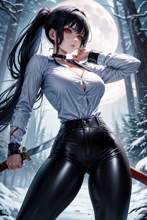 1 woman, woman fighting two zombies, High school girl swordsman, holds a greatsword in his right hand, long black hair, beautiful eyes, detailed eyes, Red eyes, choker:1.6, captivating look, wearing a white long-sleeved button-down shirt, very big breasts, shiny black tight leggings, Snowy forest, snow night, Dark, Moonlight, absurd, high resolution, ultra-sharp, 8k, Masterpiece, front view, looking at the viewer